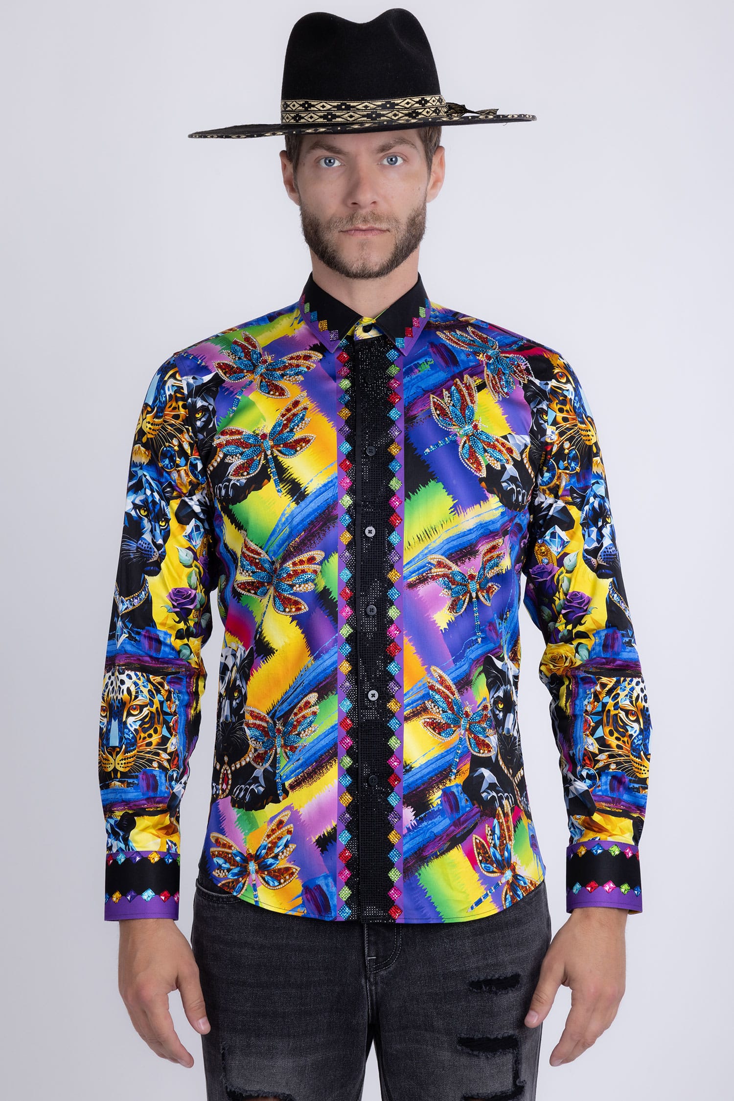Barabas Men's Panther Tiger Rhinestones Long Sleeve Shirts 6SPR03 Blue