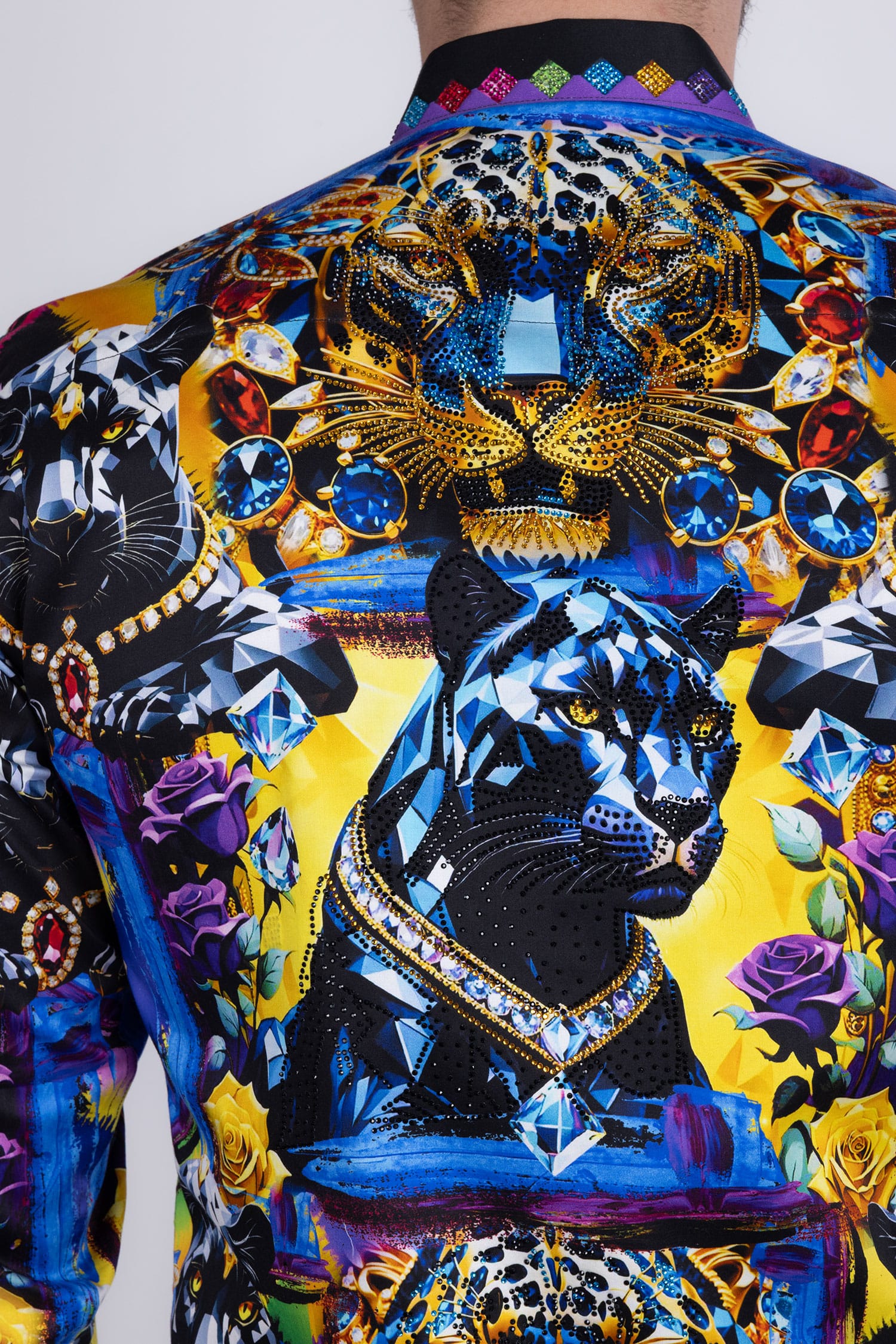 Barabas Men's Panther Tiger Rhinestones Long Sleeve Shirts 6SPR03