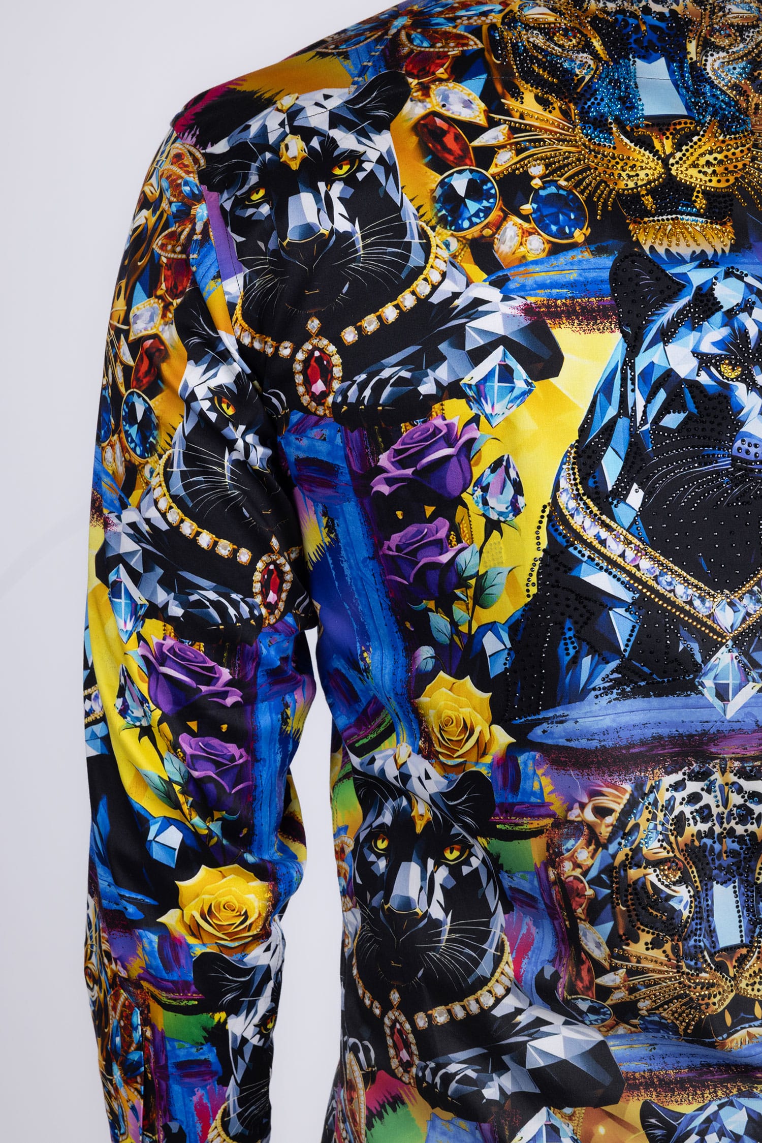 Barabas Men's Panther Tiger Rhinestones Long Sleeve Shirts 6SPR03 Blue