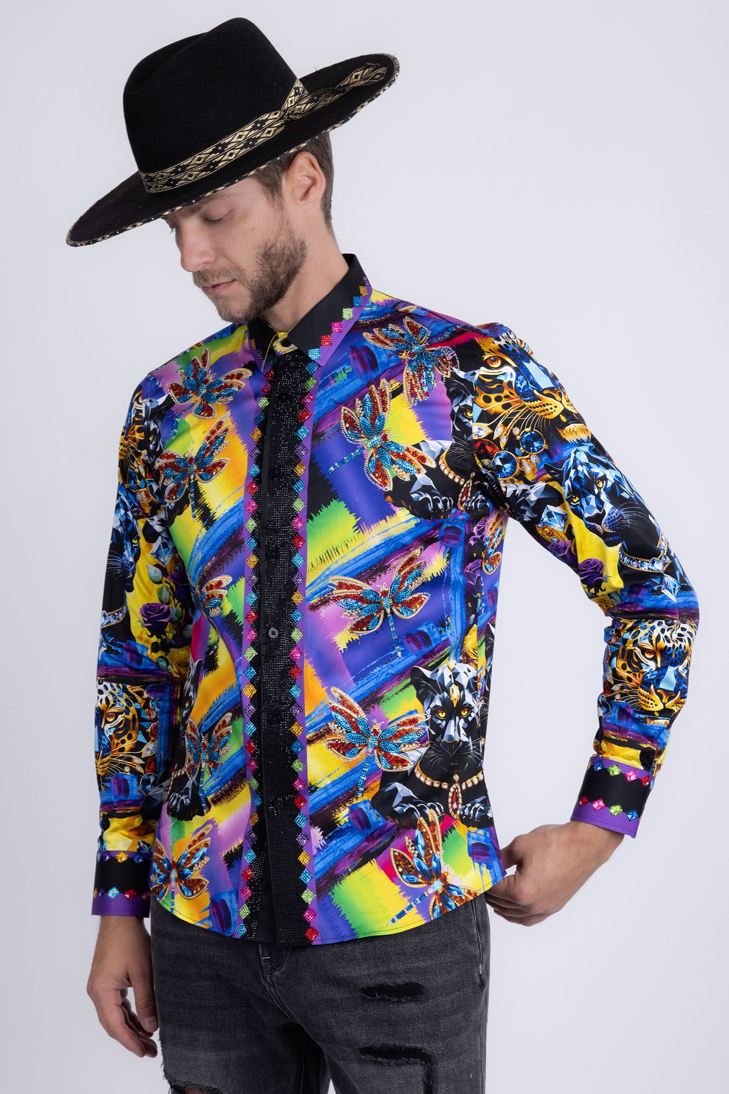Barabas Men's Panther Tiger Rhinestones Long Sleeve Shirts 6SPR03 Yellow