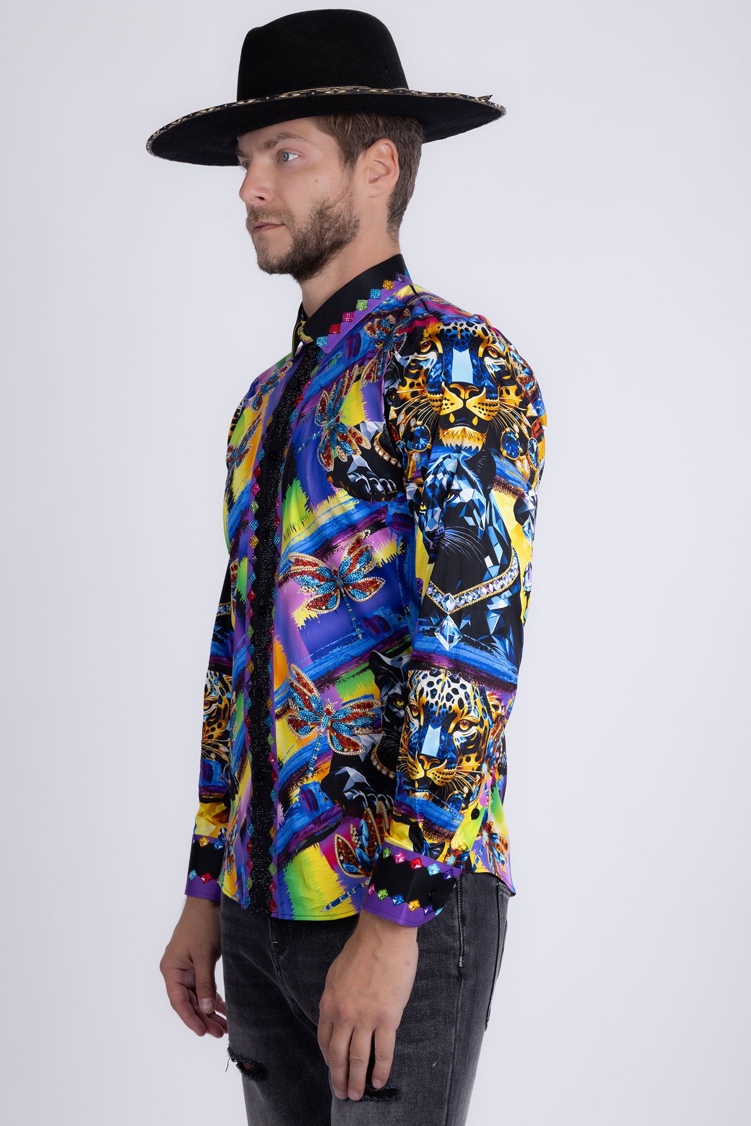 Barabas Men's Panther Tiger Rhinestones Long Sleeve Shirts 6SPR03 Blue