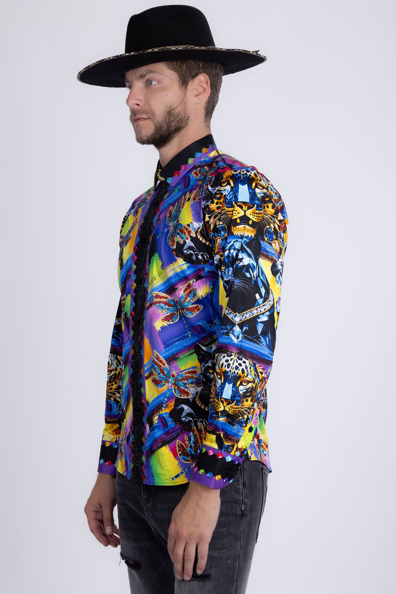 Barabas Men's Panther Tiger Rhinestones Long Sleeve Shirts 6SPR03 Blue