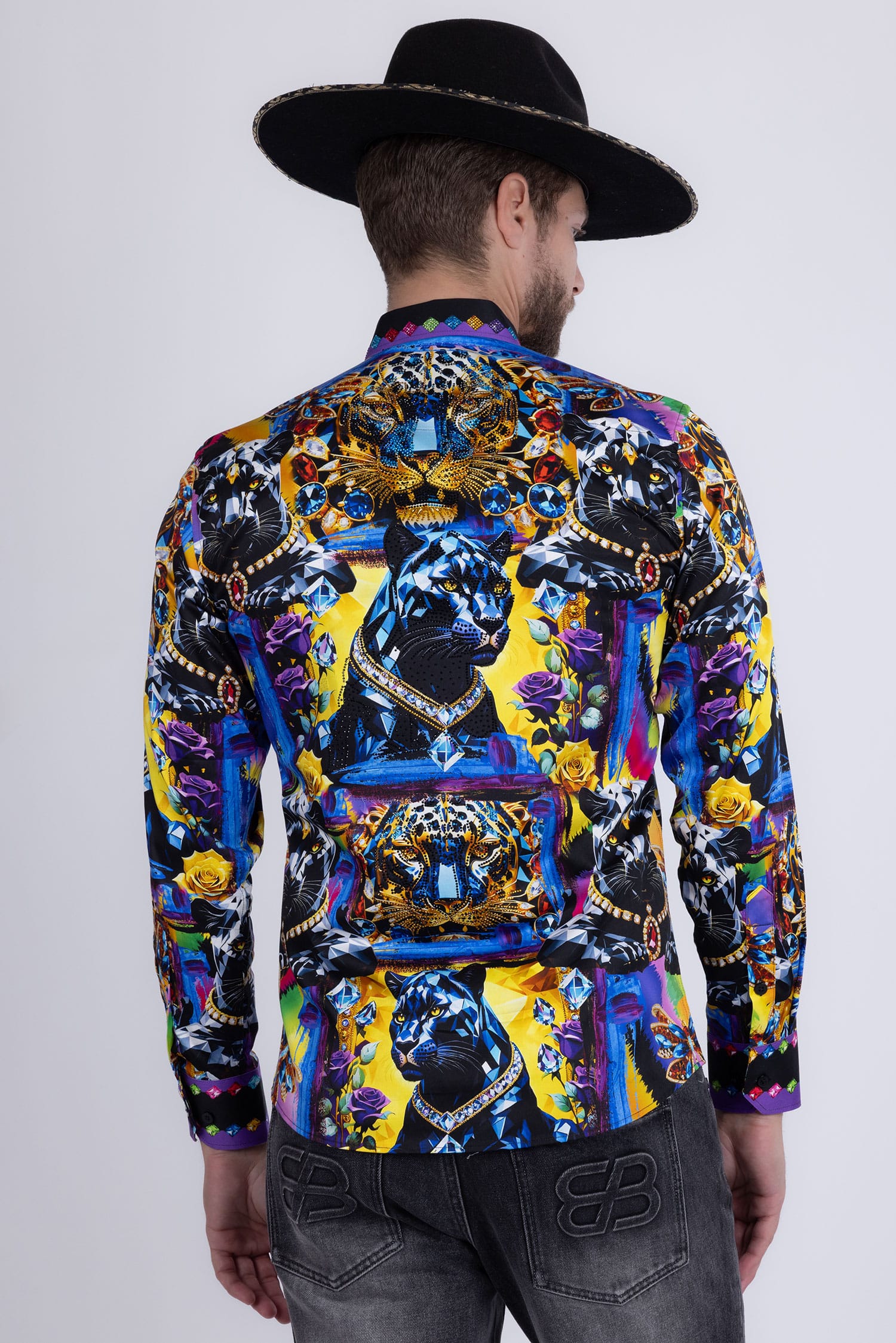 Barabas Men's Panther Tiger Rhinestones Long Sleeve Shirts 6SPR03 Black