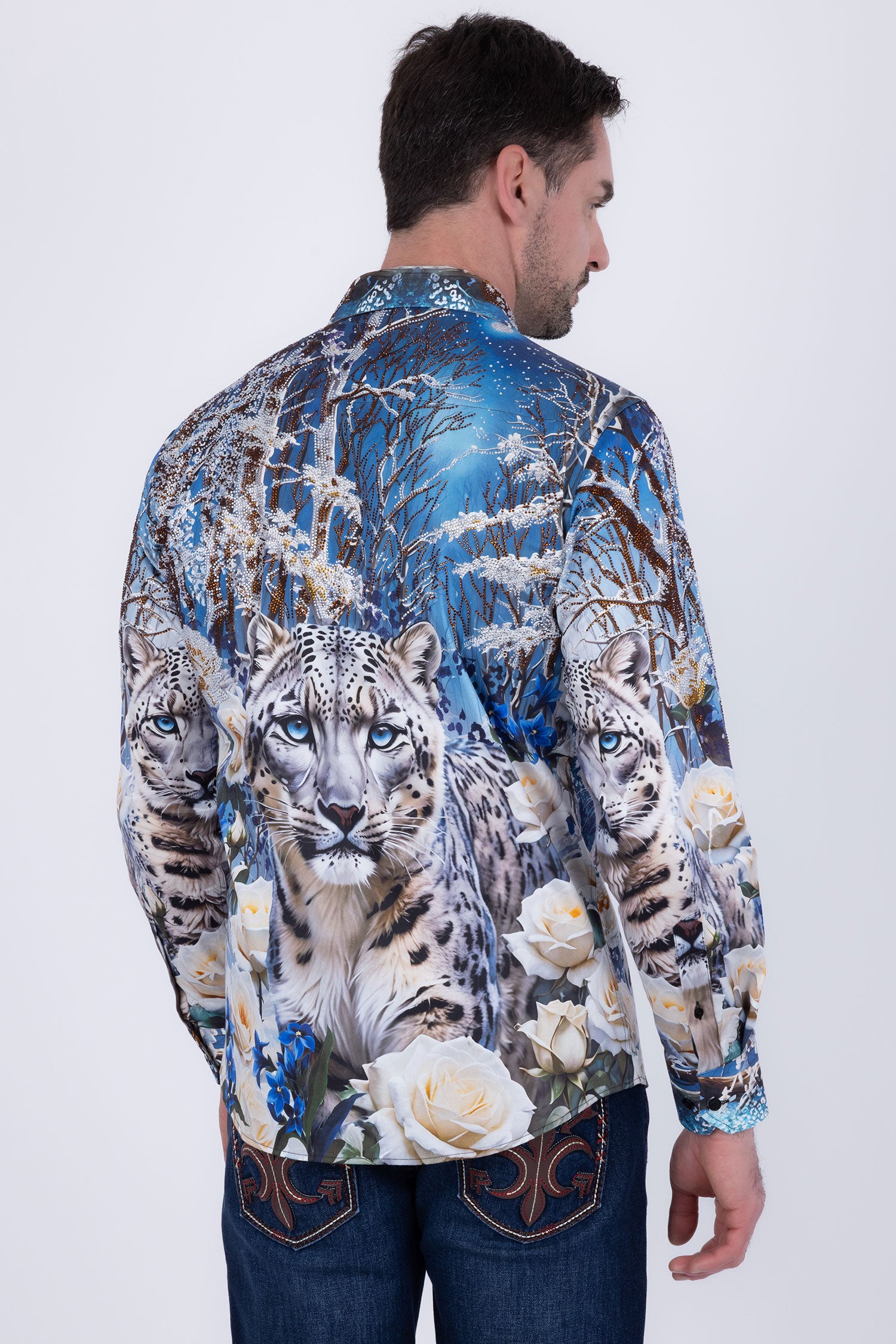 Barabas Men's Rhinestones Tiger Floral Long Sleeve Shirt 6SPR04 Navy