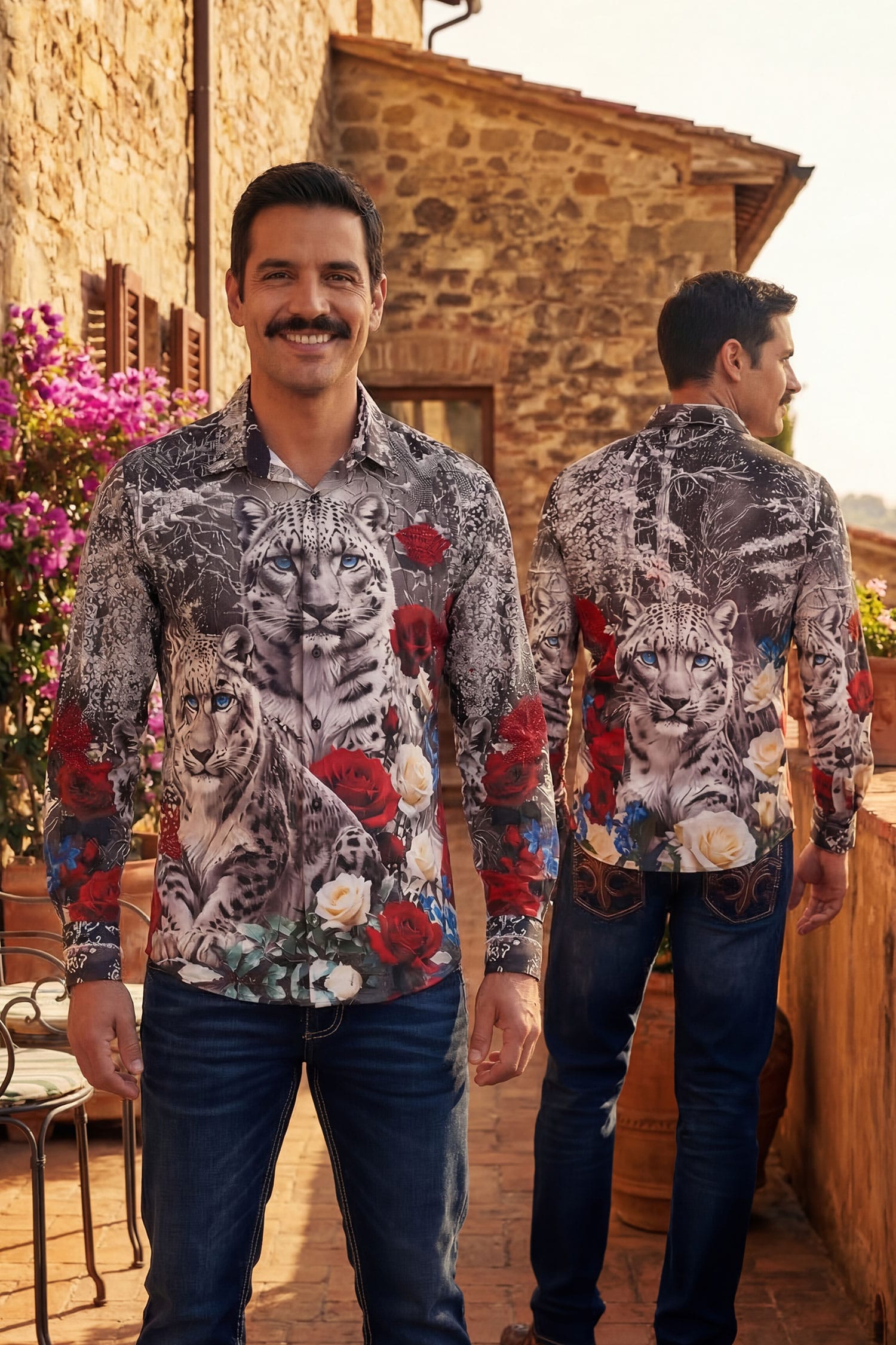 Barabas Men's Rhinestones Tiger Floral Long Sleeve Shirt 6SPR04 Poppy Red