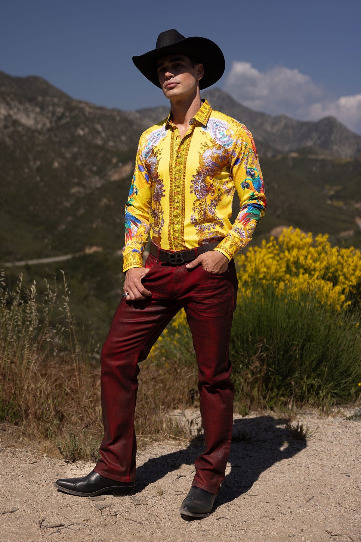 Barabas Men's Rhinestones Floral Parrot Baroque Shirt 6SPR05 Yellow