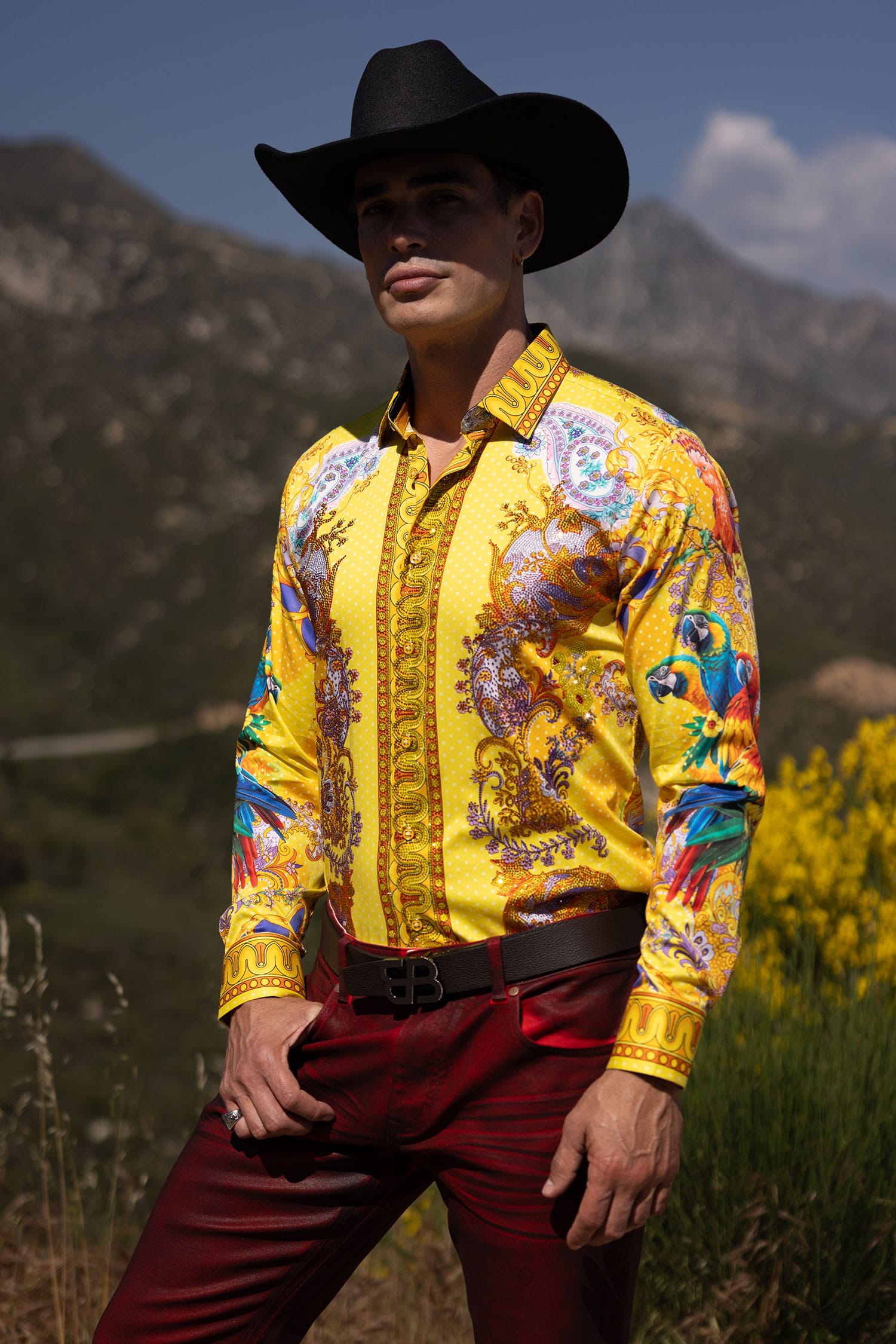 Barabas Men's Rhinestones Floral Parrot Baroque Shirt 6SPR05 Yellow