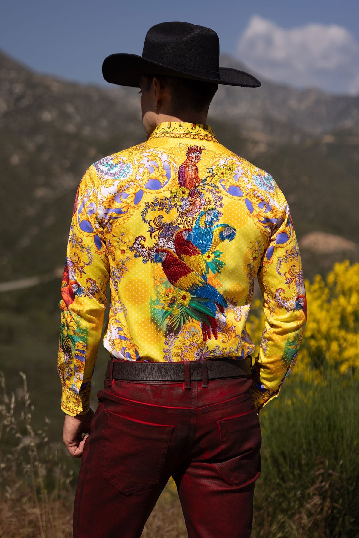 Barabas Men's Rhinestones Floral Parrot Baroque Shirt 6SPR05 Yellow
