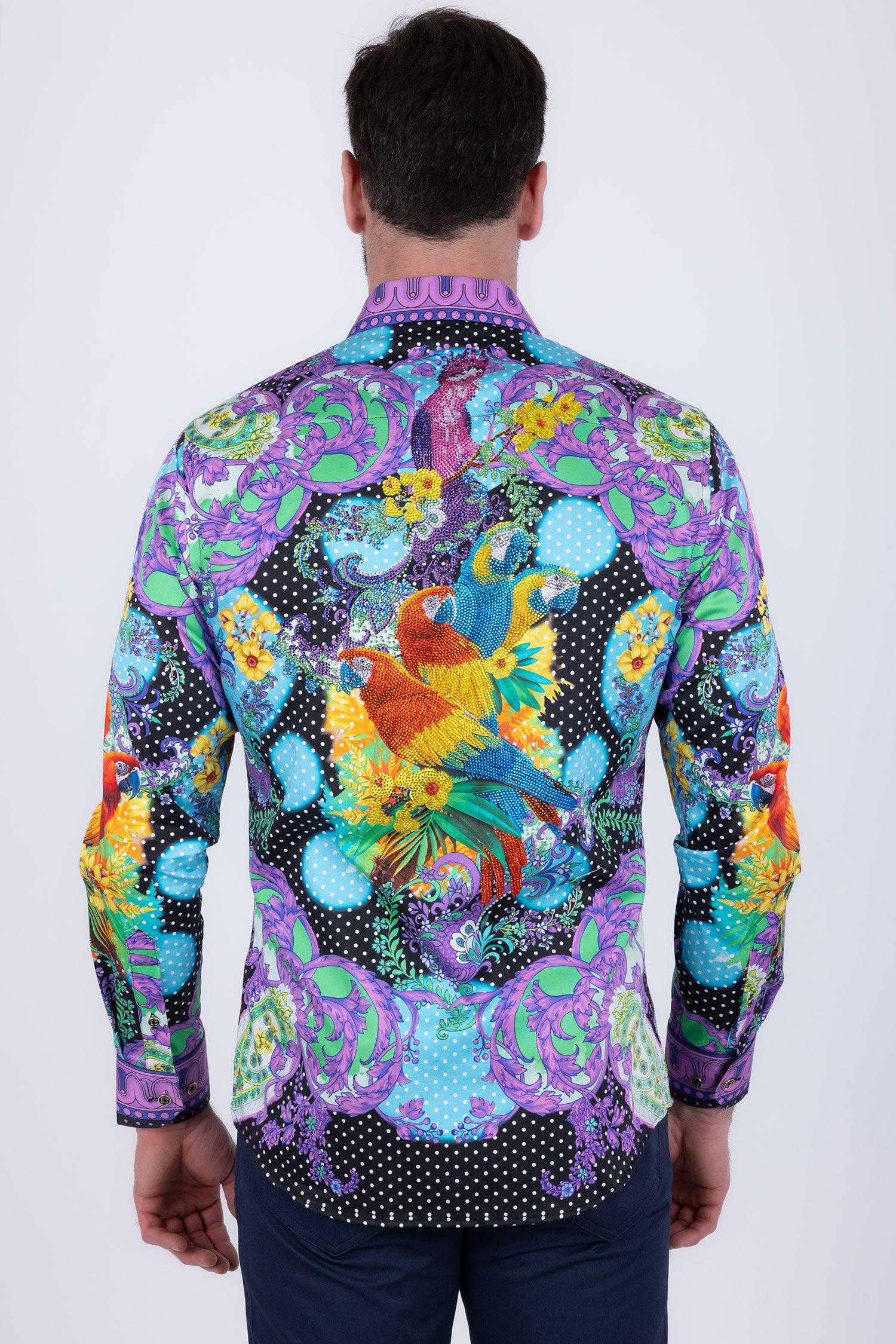 Barabas Men's Rhinestones Floral Parrot Baroque Shirt 6SPR05 Purple