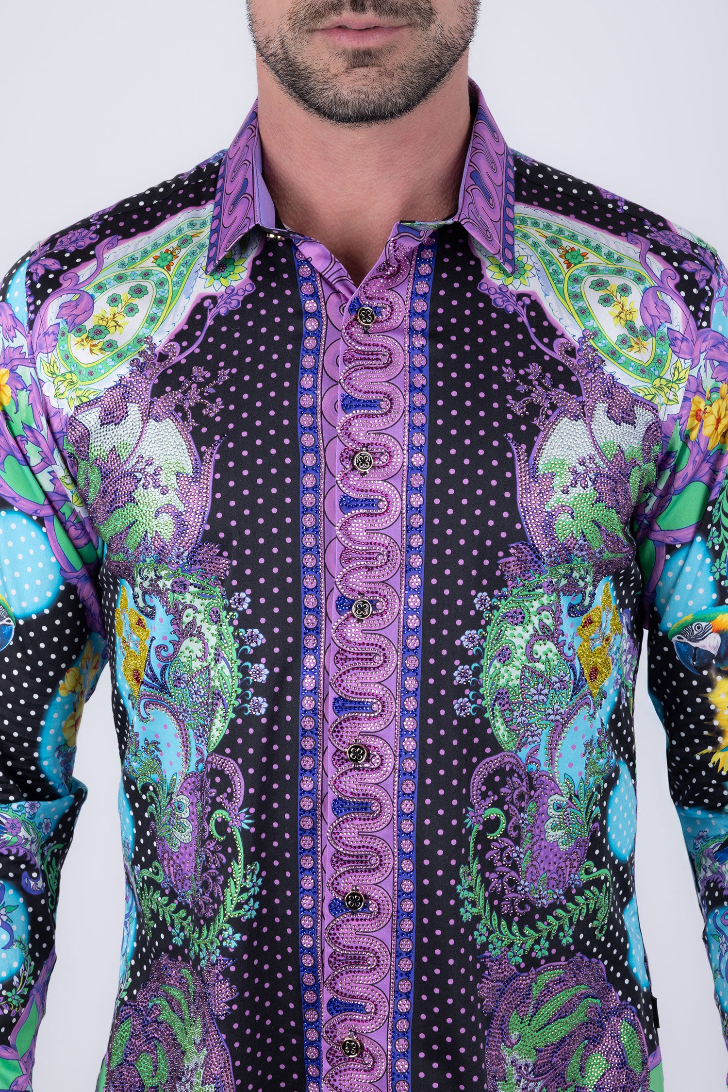 Barabas Men's Rhinestones Floral Parrot Baroque Shirt 6SPR05 Violet