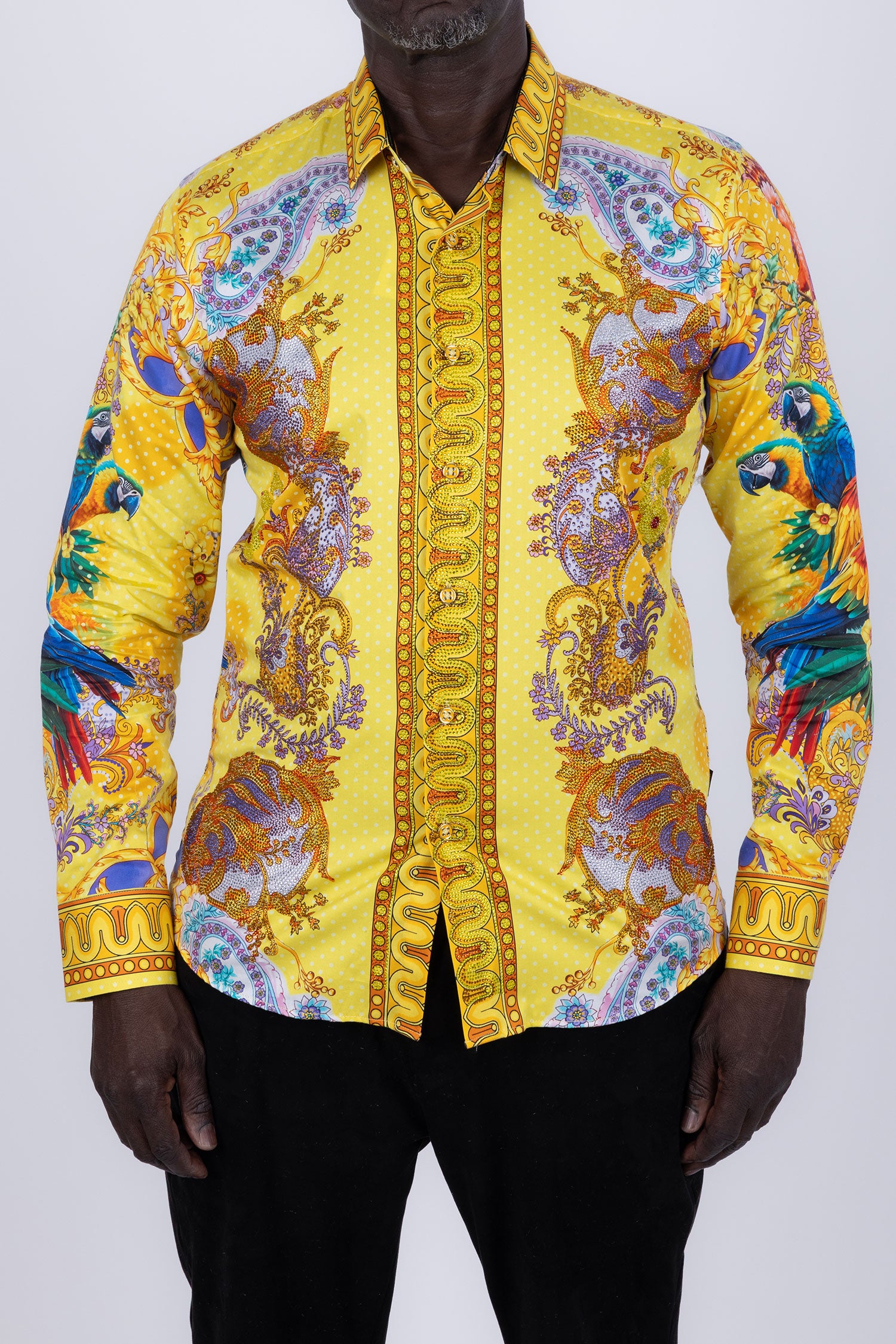 Barabas Men's Rhinestones Floral Parrot Baroque Shirt 6SPR05 Yellow