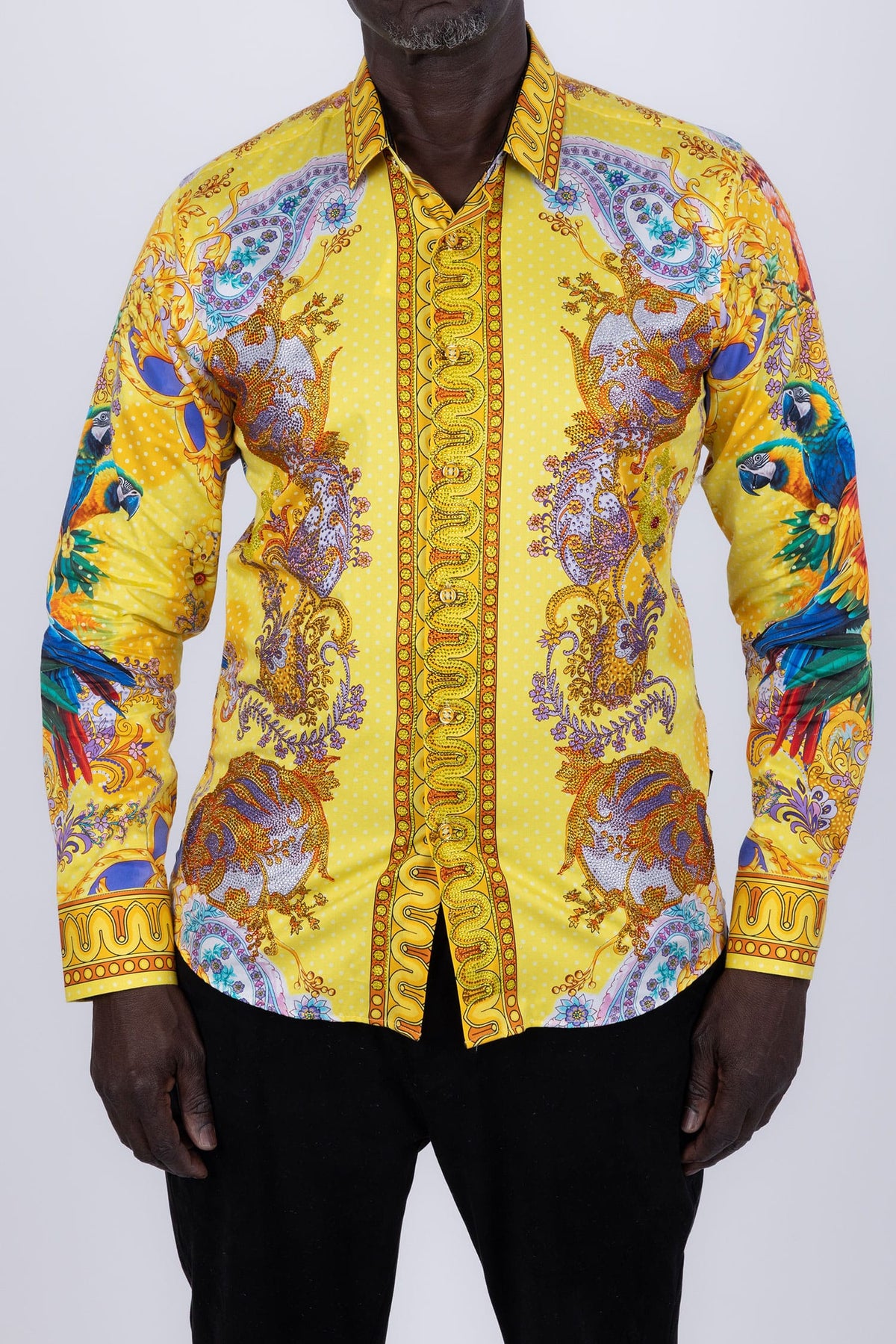 Barabas Men's Rhinestones Floral Parrot Baroque Shirt 6SPR05 Yellow