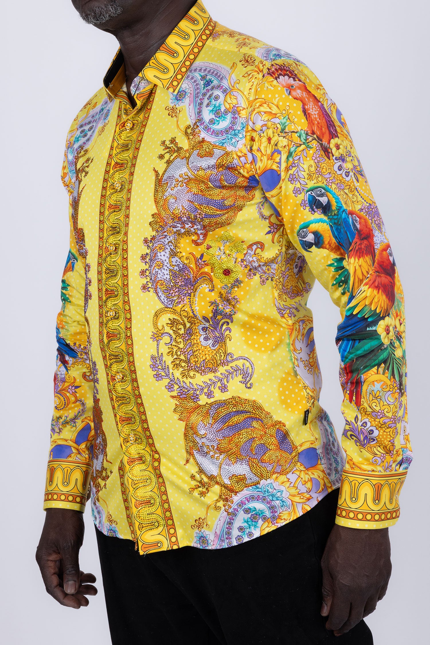 Barabas Men's Rhinestones Floral Parrot Baroque Shirt 6SPR05 Mustard