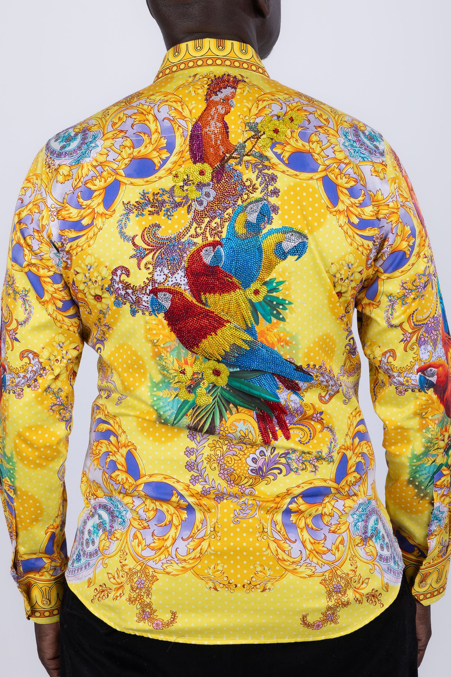Barabas Men's Rhinestones Floral Parrot Baroque Shirt 6SPR05 Mustard