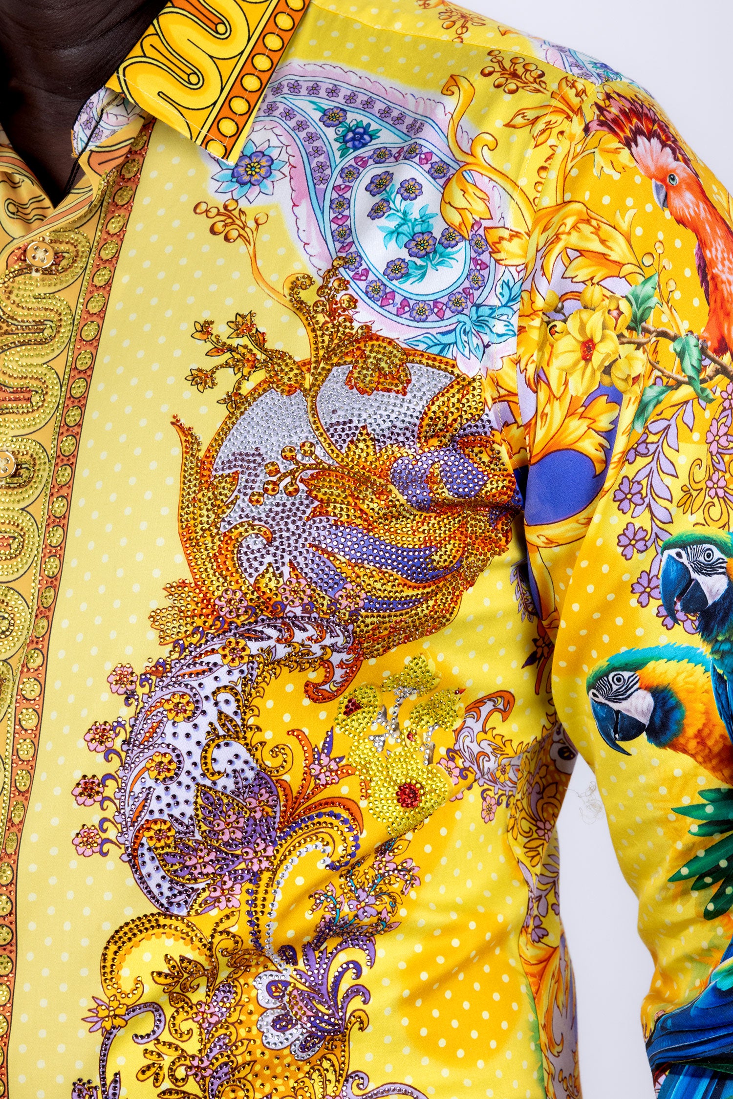 Barabas Men's Rhinestones Floral Parrot Baroque Shirt 6SPR05 Yellow