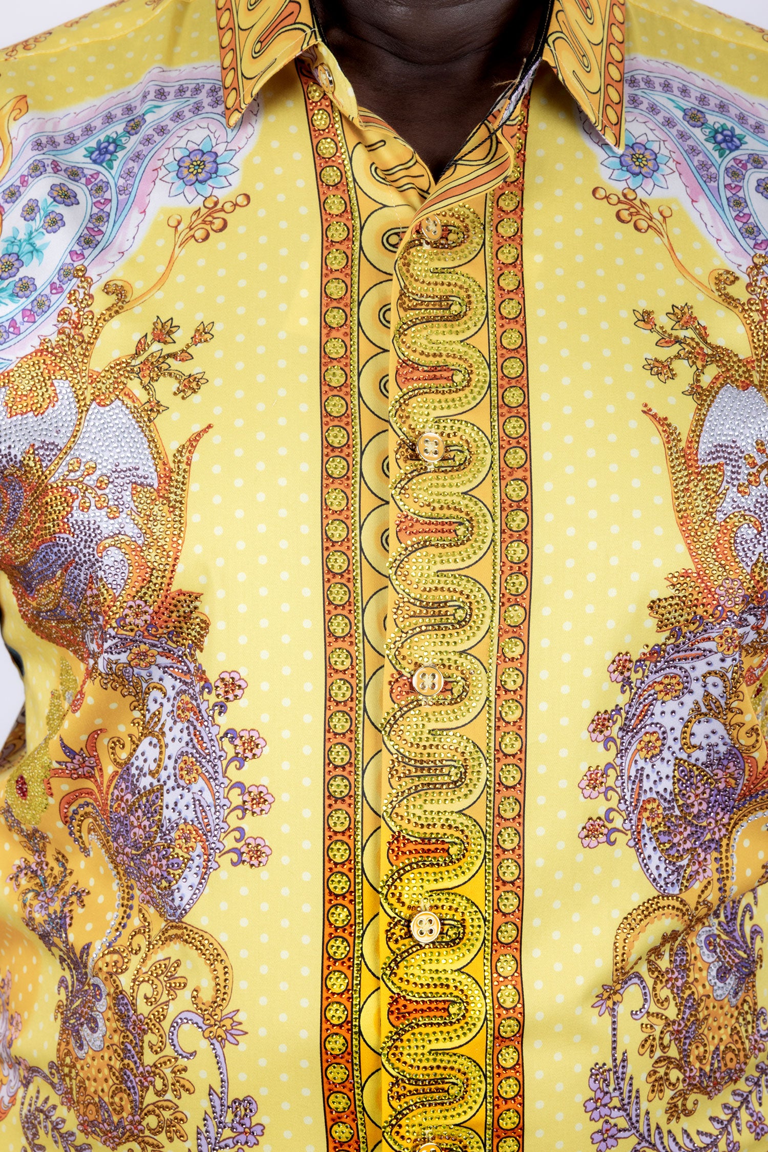 Barabas Men's Rhinestones Floral Parrot Baroque Shirt 6SPR05 Mustard