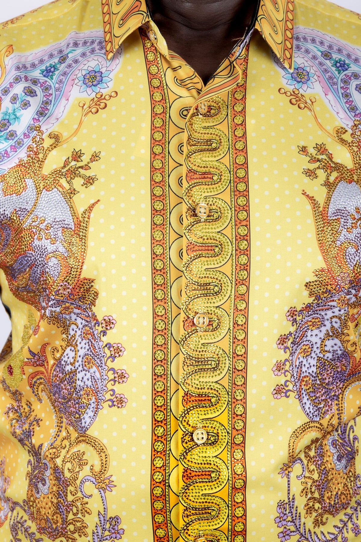 Barabas Men's Rhinestones Floral Parrot Baroque Shirt 6SPR05 Mustard