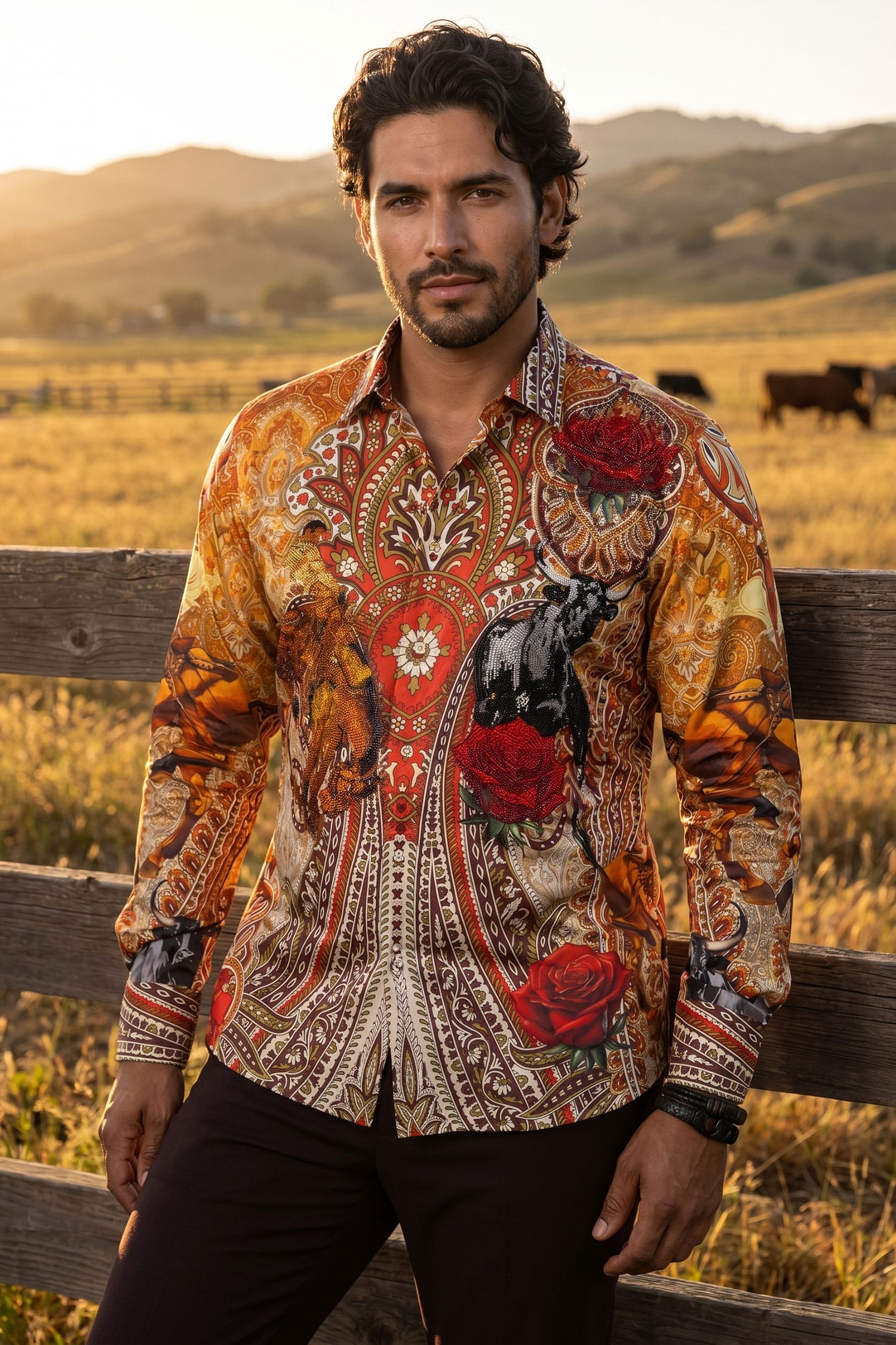 Barabas Men's Western Floral Rose Pattern Long Sleeve Shirts 6SPR06 Iceland Poppy