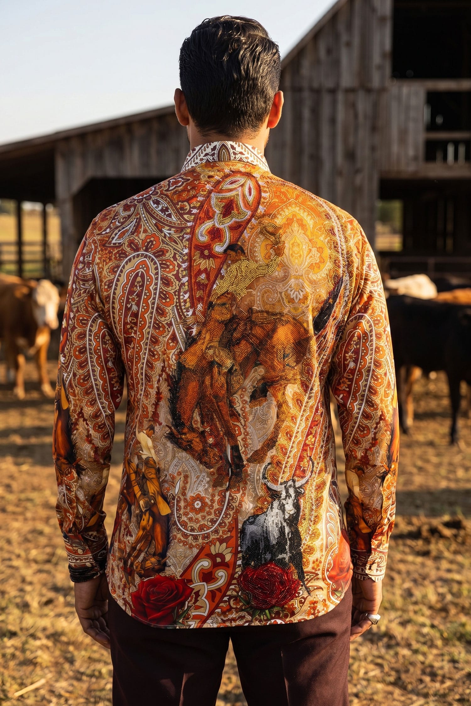 Barabas Men's Western Floral Rose Pattern Long Sleeve Shirts 6SPR06 Orange