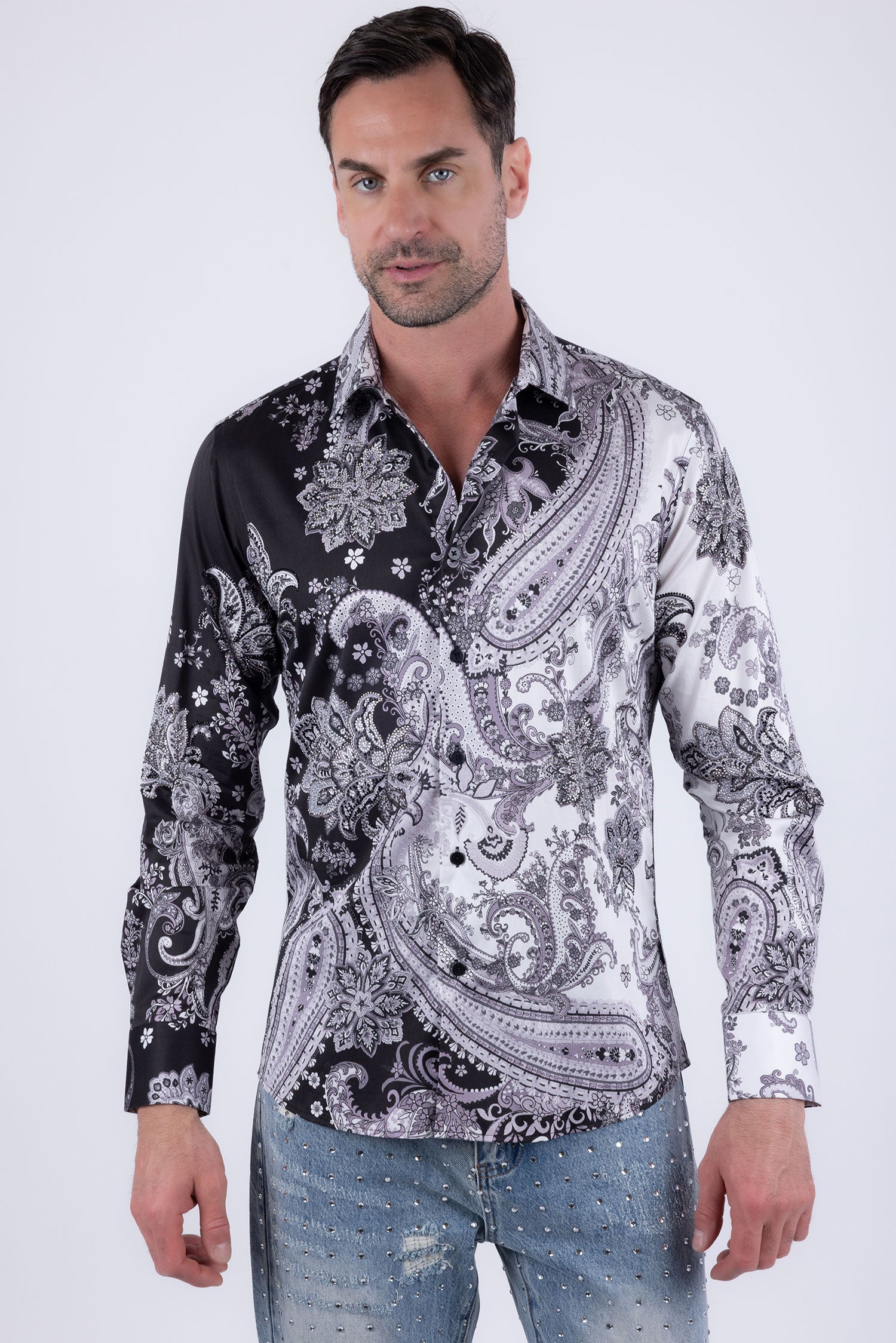 Men's Rhinestone Paisley Floral Print Shirt | BARABAS 6SPR07 Black