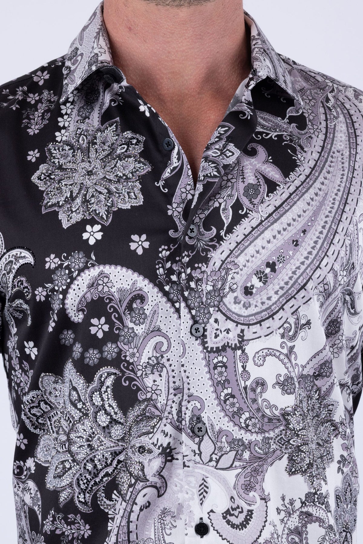 Men's Rhinestone Paisley Floral Print Shirt | BARABAS 6SPR07 #Color_Black