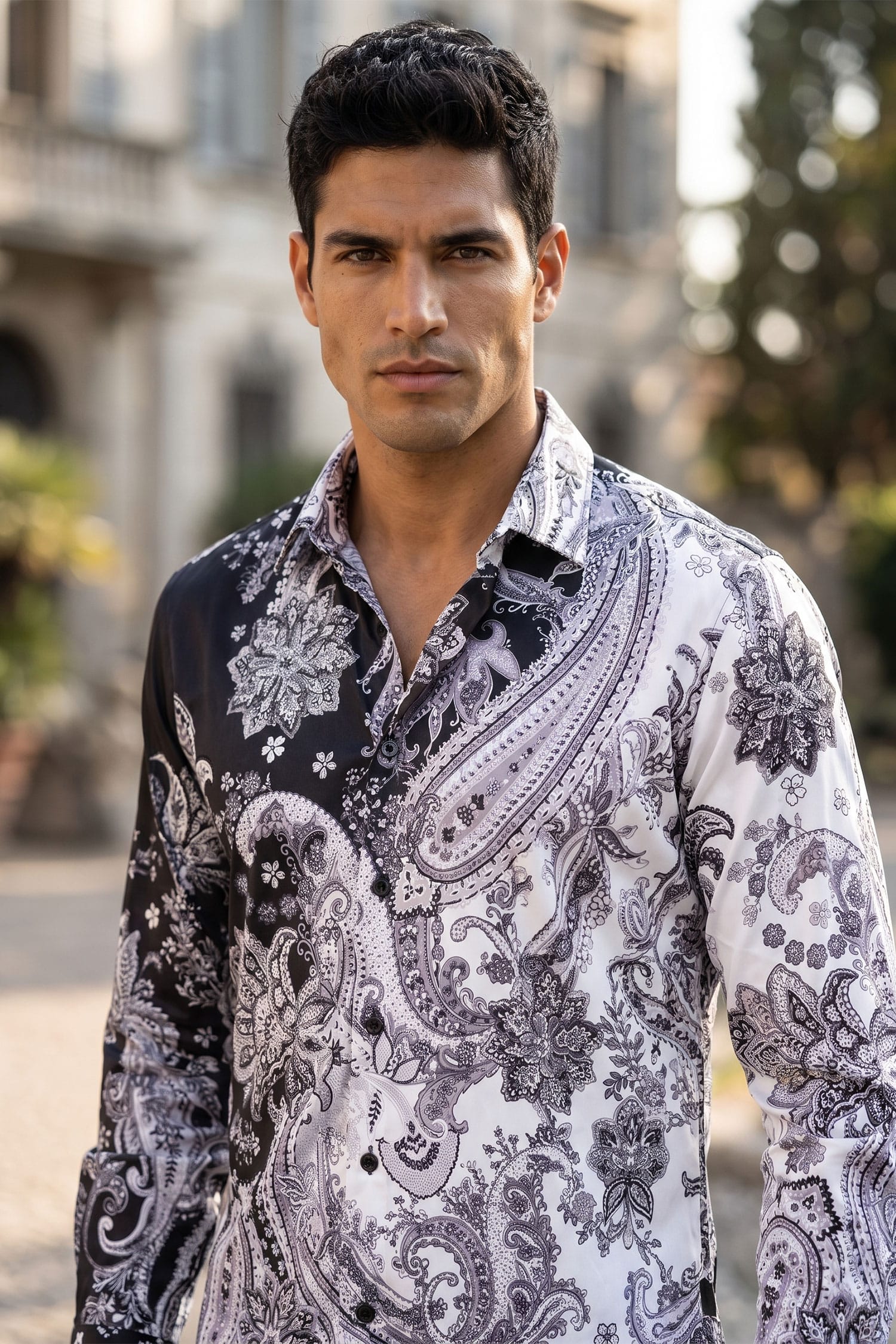 Men's Rhinestone Paisley Floral Print Shirt | BARABAS 6SPR07 Black