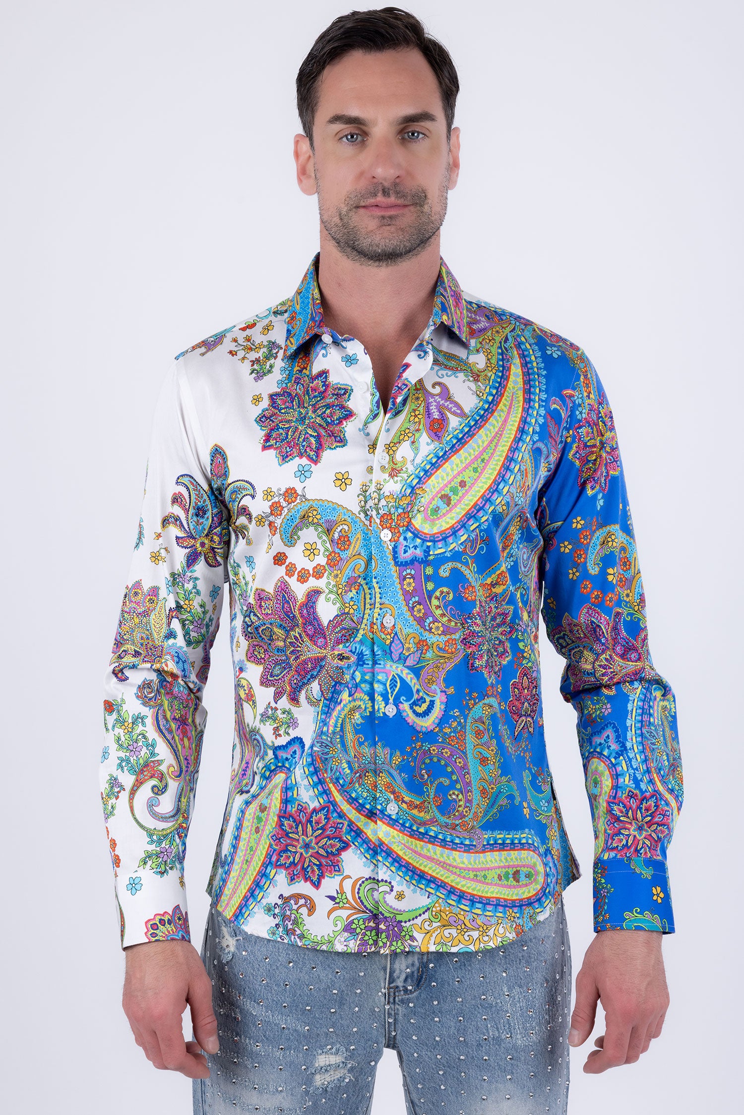 Men's Rhinestone Paisley Floral Print Shirt | BARABAS 6SPR07 Yellow