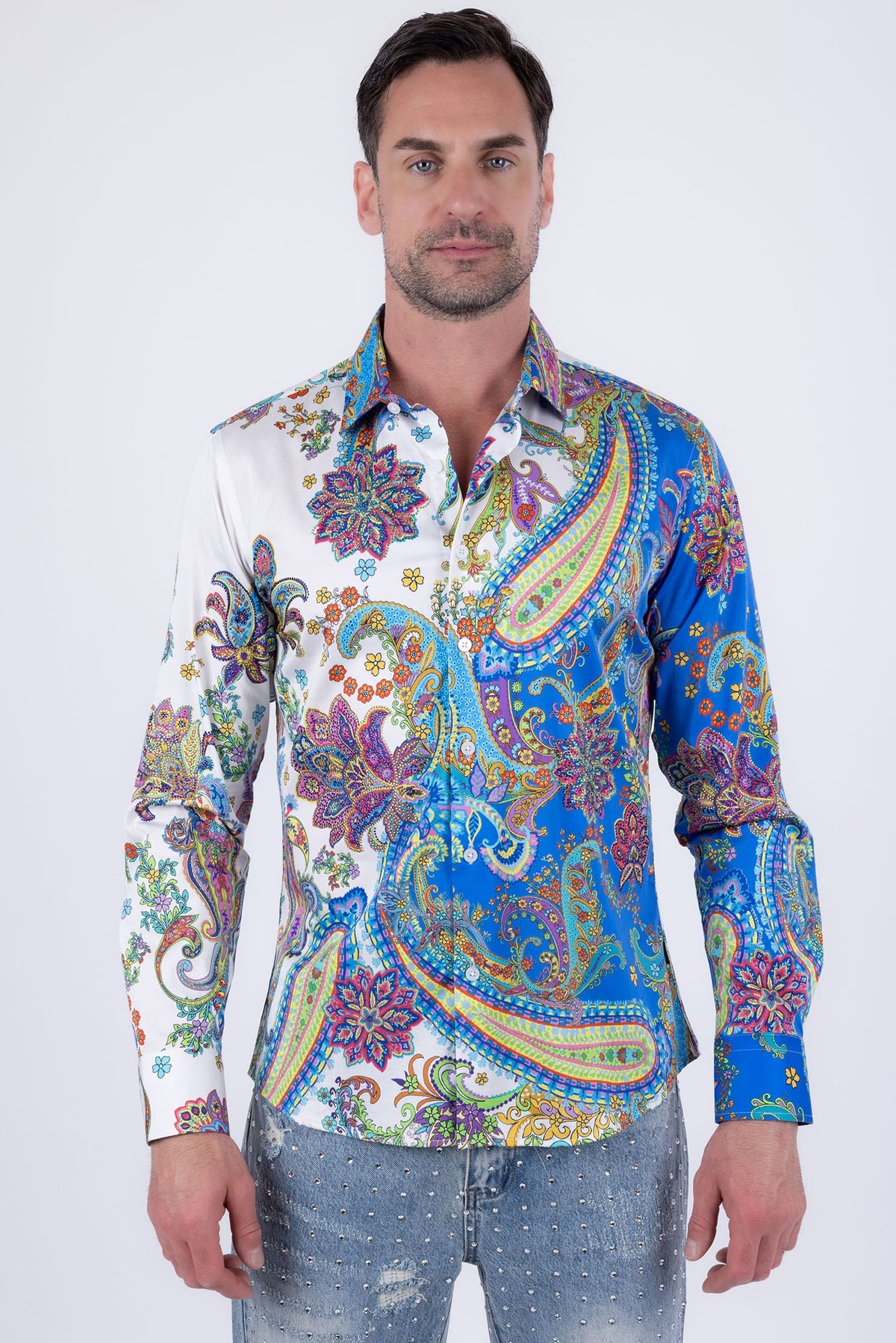Men's Rhinestone Paisley Floral Print Shirt | BARABAS 6SPR07 #Color_Multi