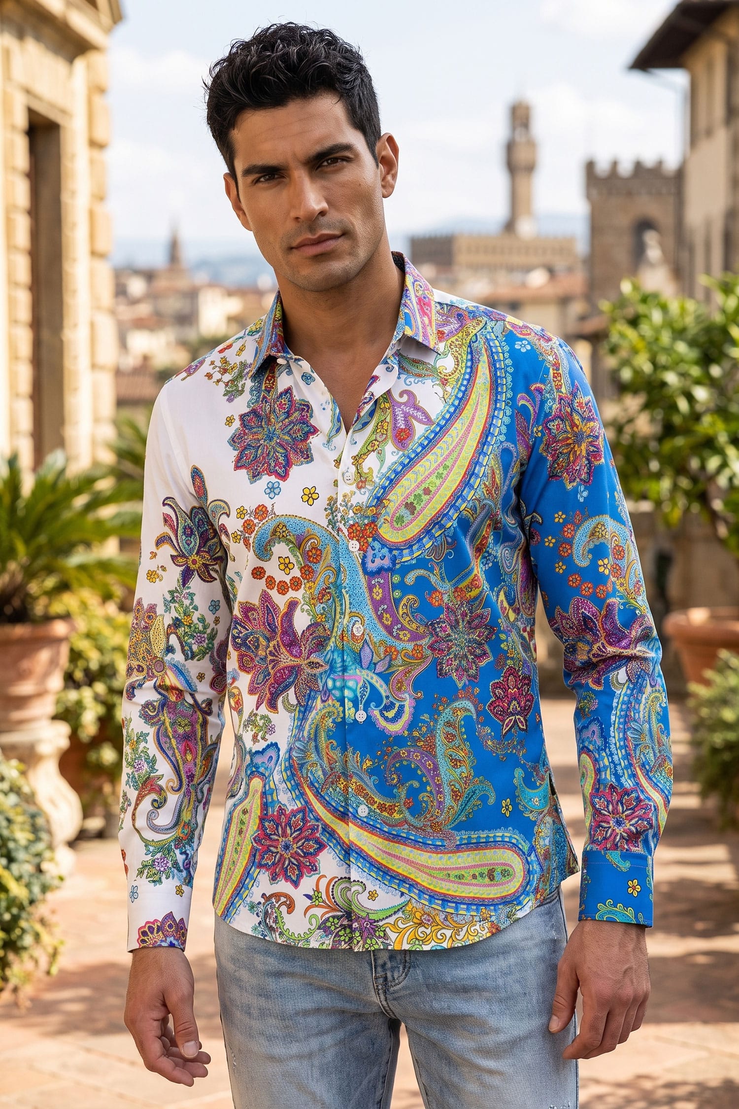 Men's Rhinestone Paisley Floral Print Shirt | BARABAS 6SPR07 Multi