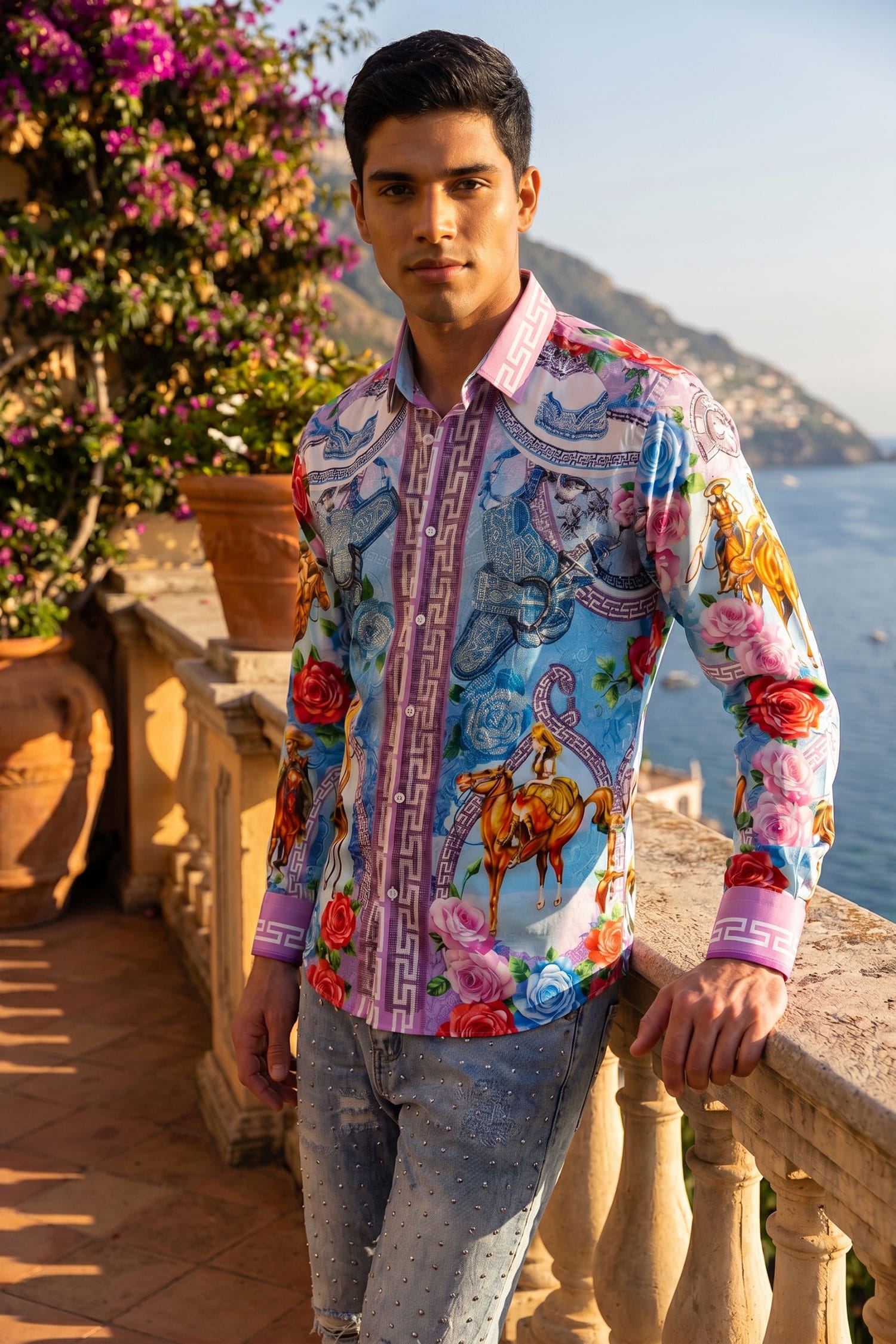 Barabas Men's Western Floral Vaqueros Design Long Sleeve Shirts 6SPR08 Violet Sky