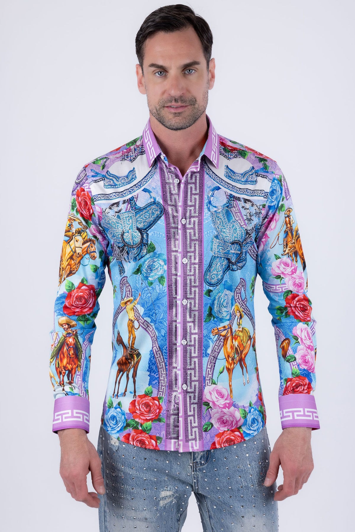 Barabas Men's Western Floral Vaqueros Design Long Sleeve Shirts 6SPR08 Blue
