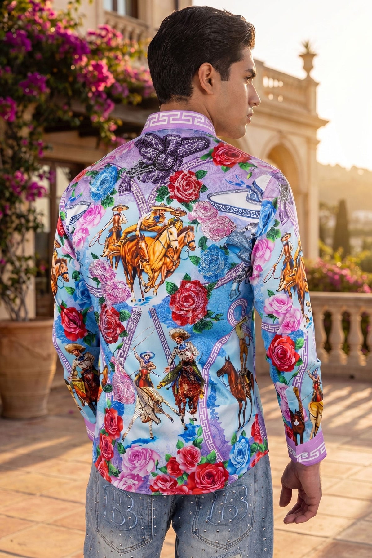 Barabas Men's Western Floral Vaqueros Design Long Sleeve Shirts 6SPR08 Violet