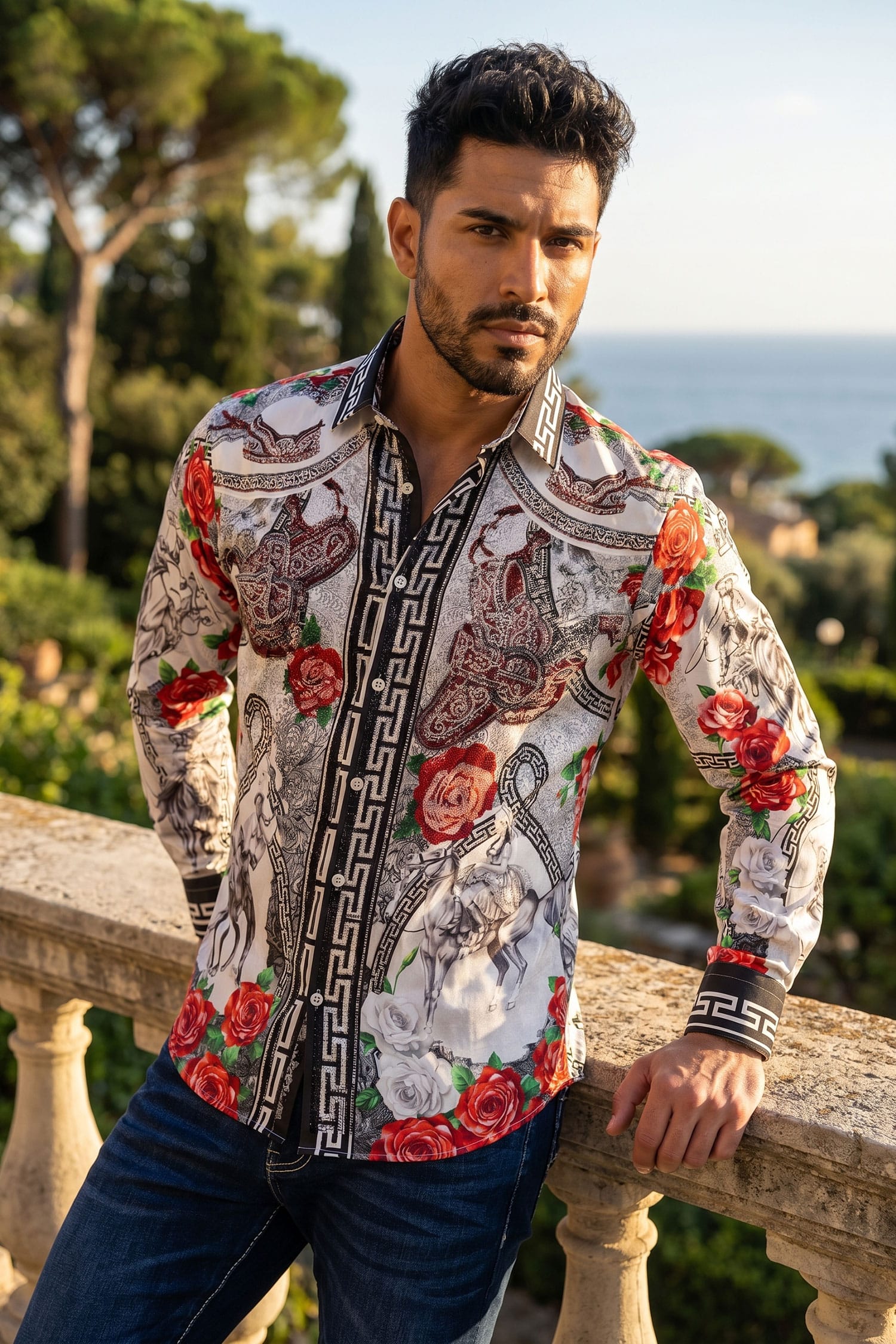 Barabas Men's Western Floral Vaqueros Design Long Sleeve Shirts 6SPR08 White