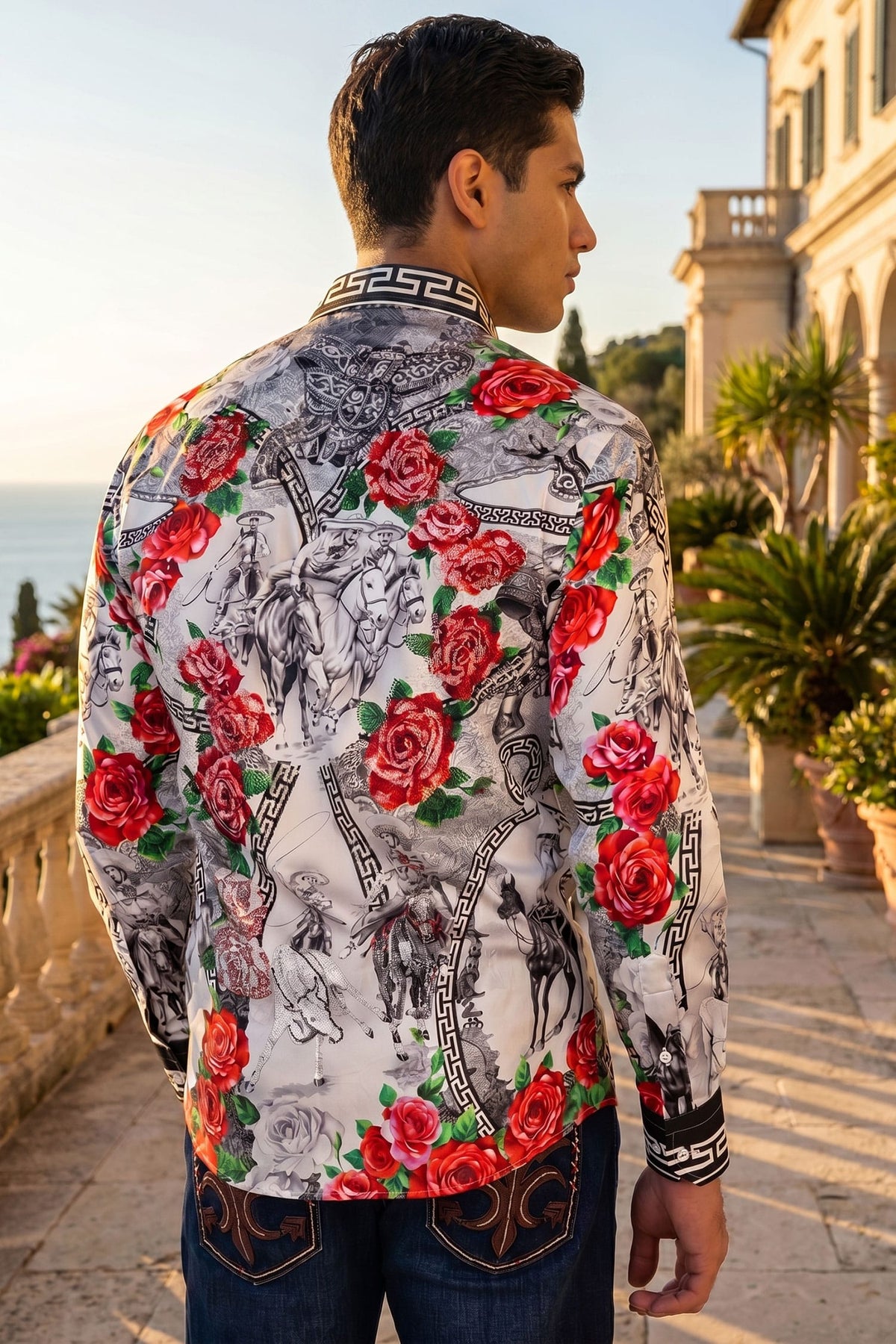 Barabas Men's Western Floral Vaqueros Design Long Sleeve Shirts 6SPR08 White