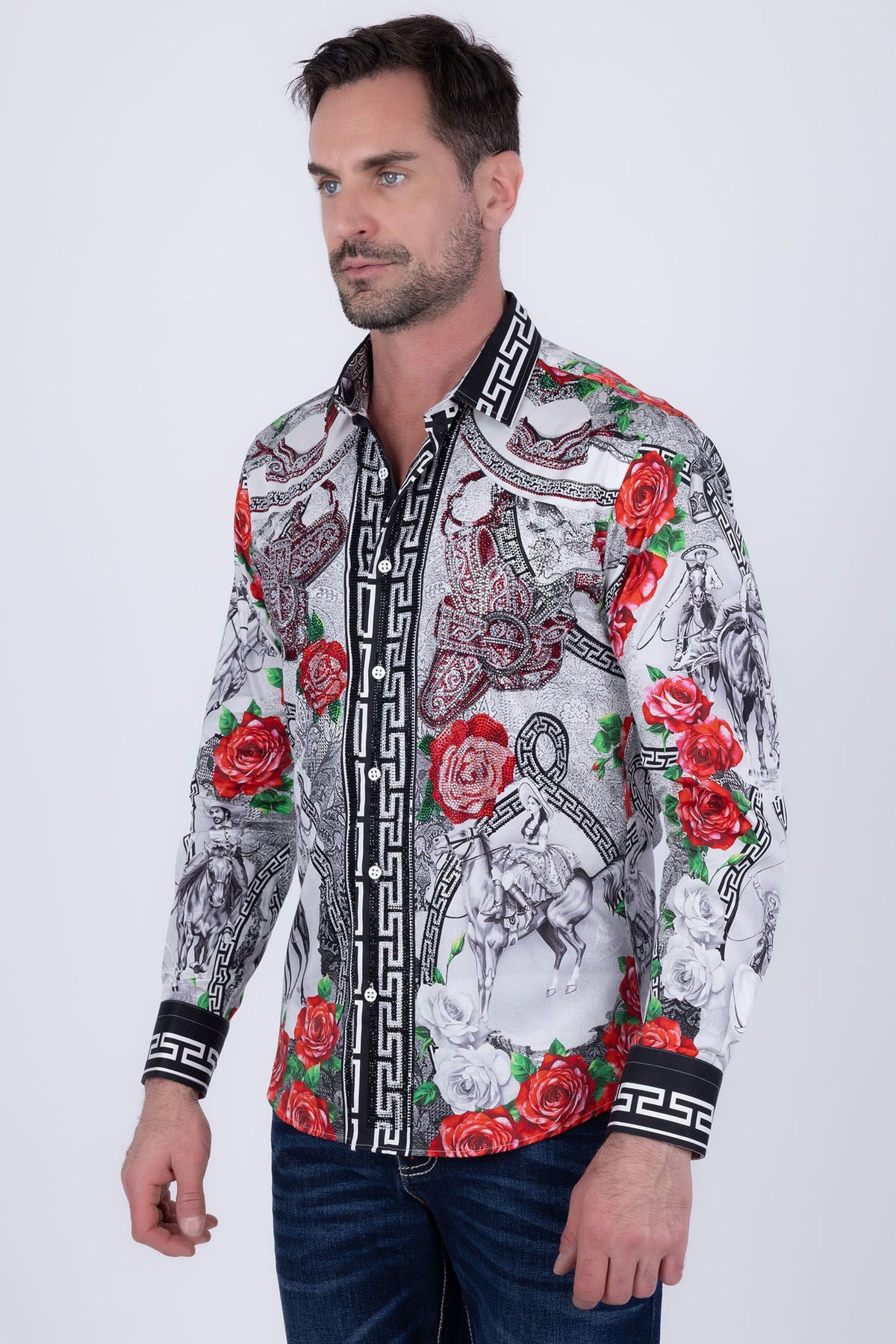 Barabas Men's Western Floral Vaqueros Design Long Sleeve Shirts 6SPR08 White