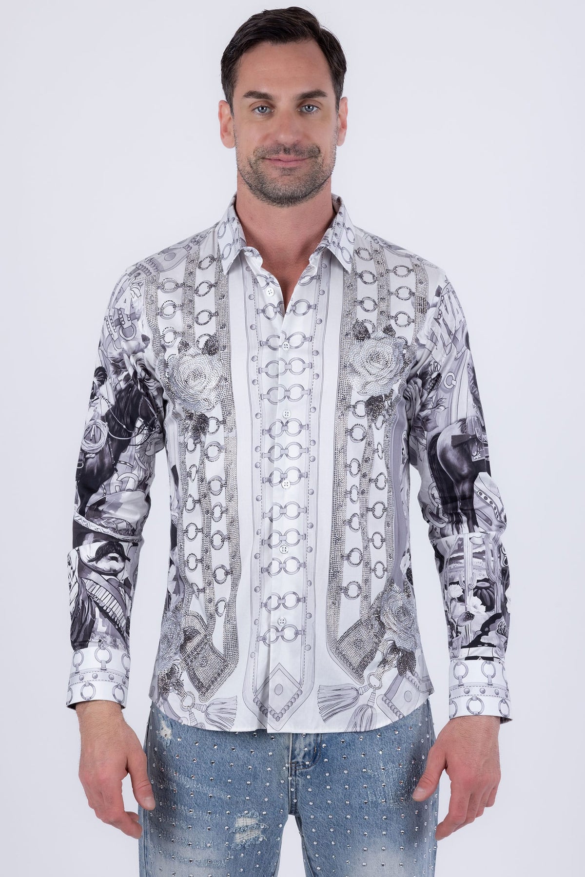 Barabas Men's Western Pancho Villa Pattern Long Sleeve Shirts 6SPR09 Black White