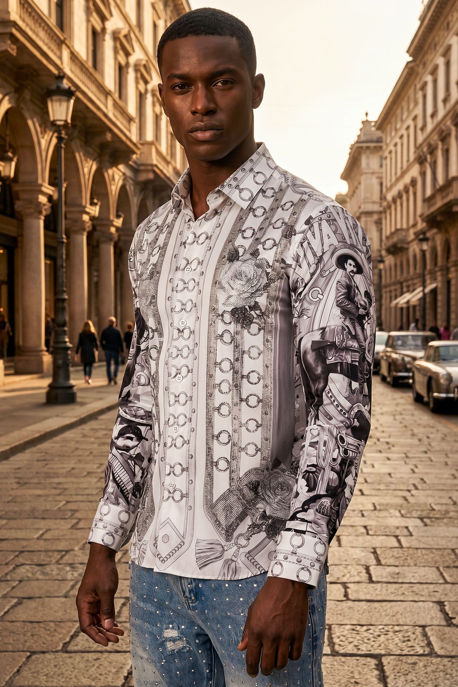 Barabas Men's Western Pancho Villa Pattern Long Sleeve Shirts 6SPR09 Black White