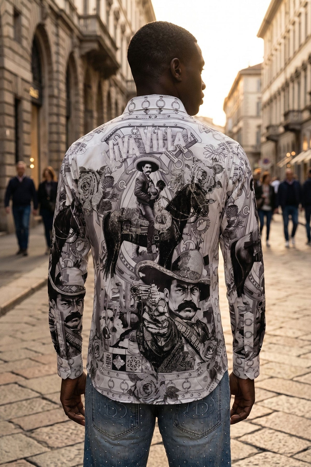 Barabas Men's Western Pancho Villa Pattern Long Sleeve Shirts 6SPR09 Black White