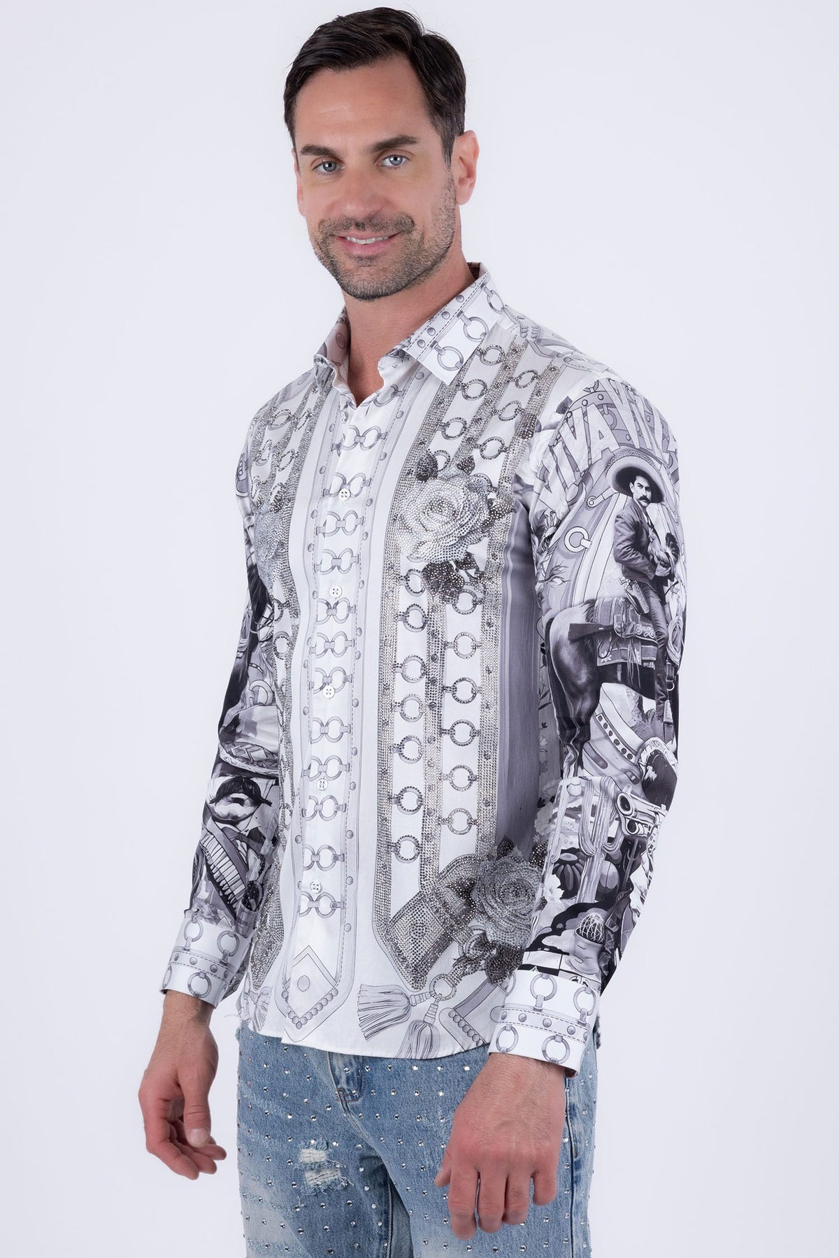 Barabas Men's Western Pancho Villa Pattern Long Sleeve Shirts 6SPR09 White