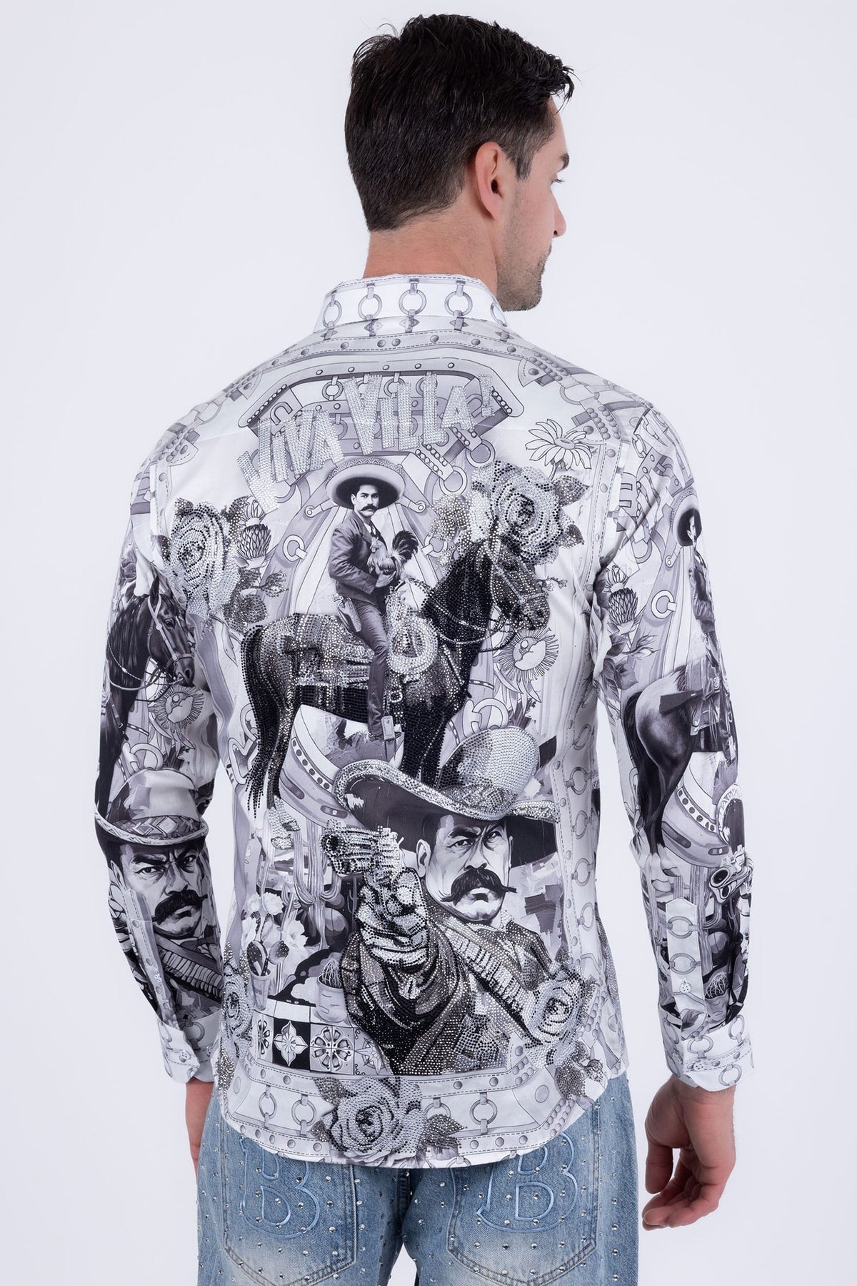 Barabas Men's Western Pancho Villa Pattern Long Sleeve Shirts 6SPR09 Black