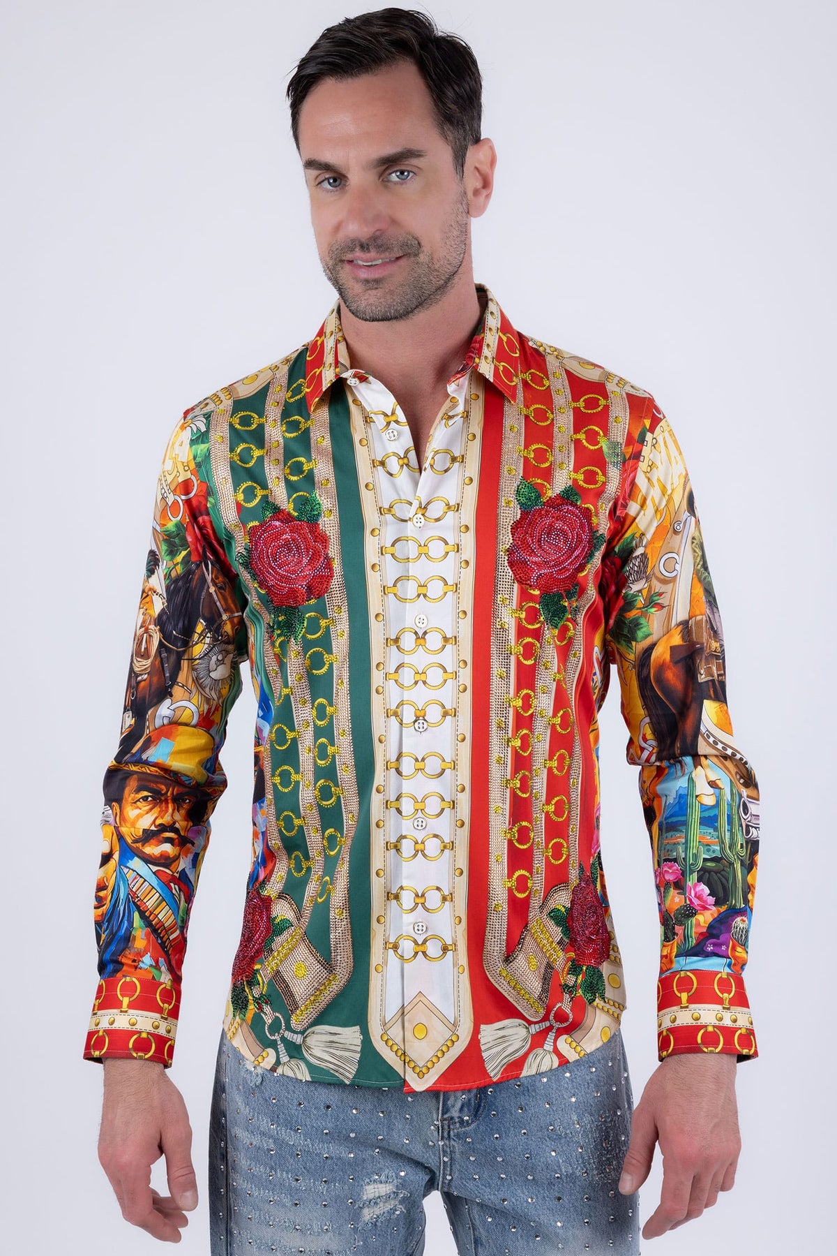 Barabas Men's Western Pancho Villa Pattern Long Sleeve Shirts 6SPR09 Red