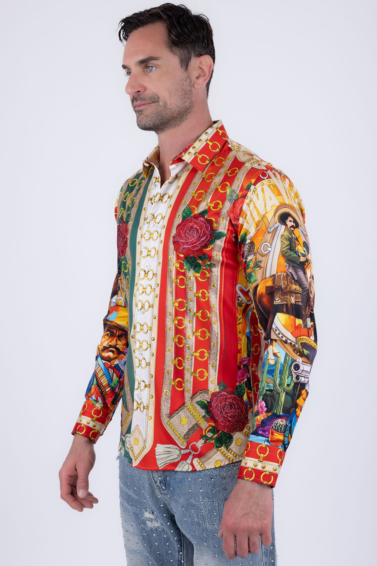 Barabas Men's Western Pancho Villa Pattern Long Sleeve Shirts 6SPR09 Orange