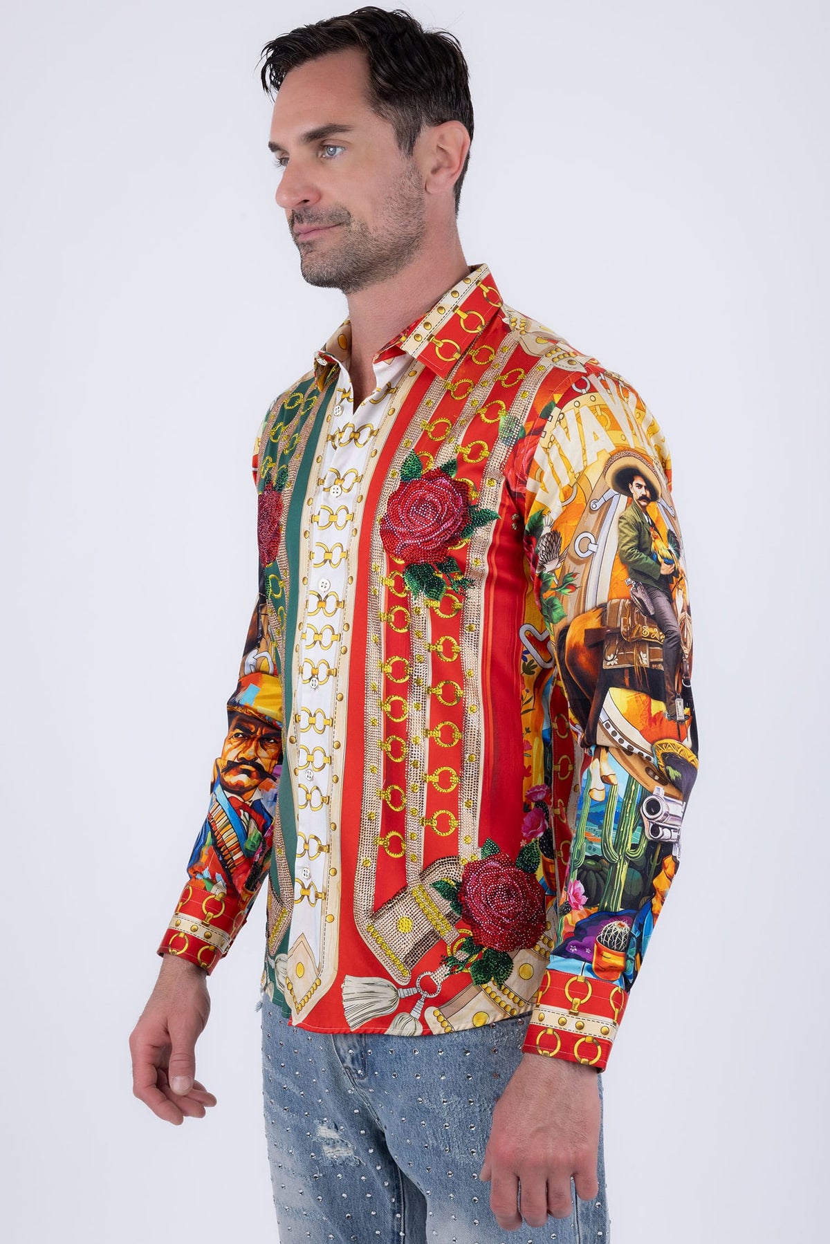 Barabas Men's Western Pancho Villa Pattern Long Sleeve Shirts 6SPR09 Orange