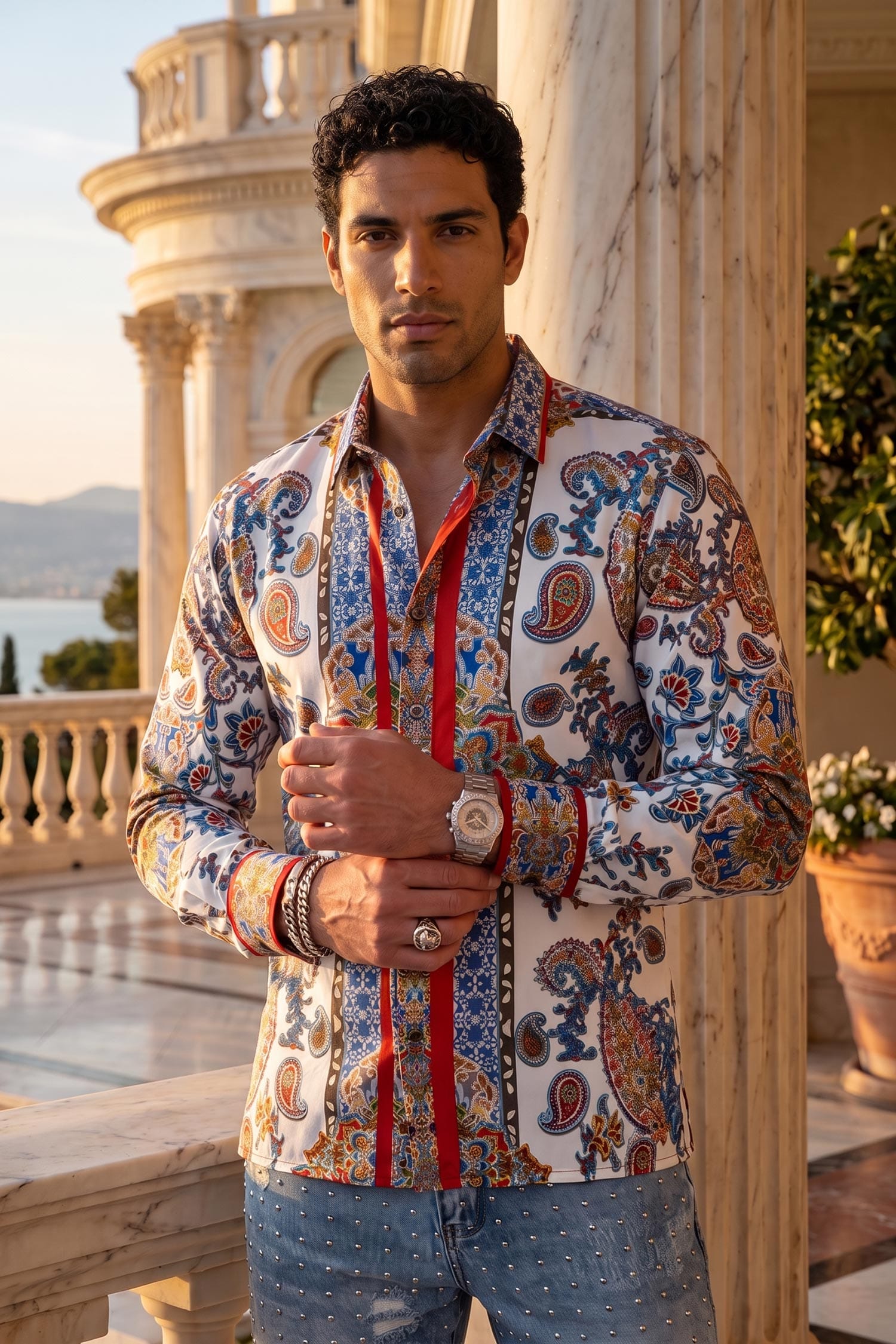 Men's Floral Paisley Rhinestone Long-Sleeve Shirt | BARABAS 6SPR11 White Mazarine Blue