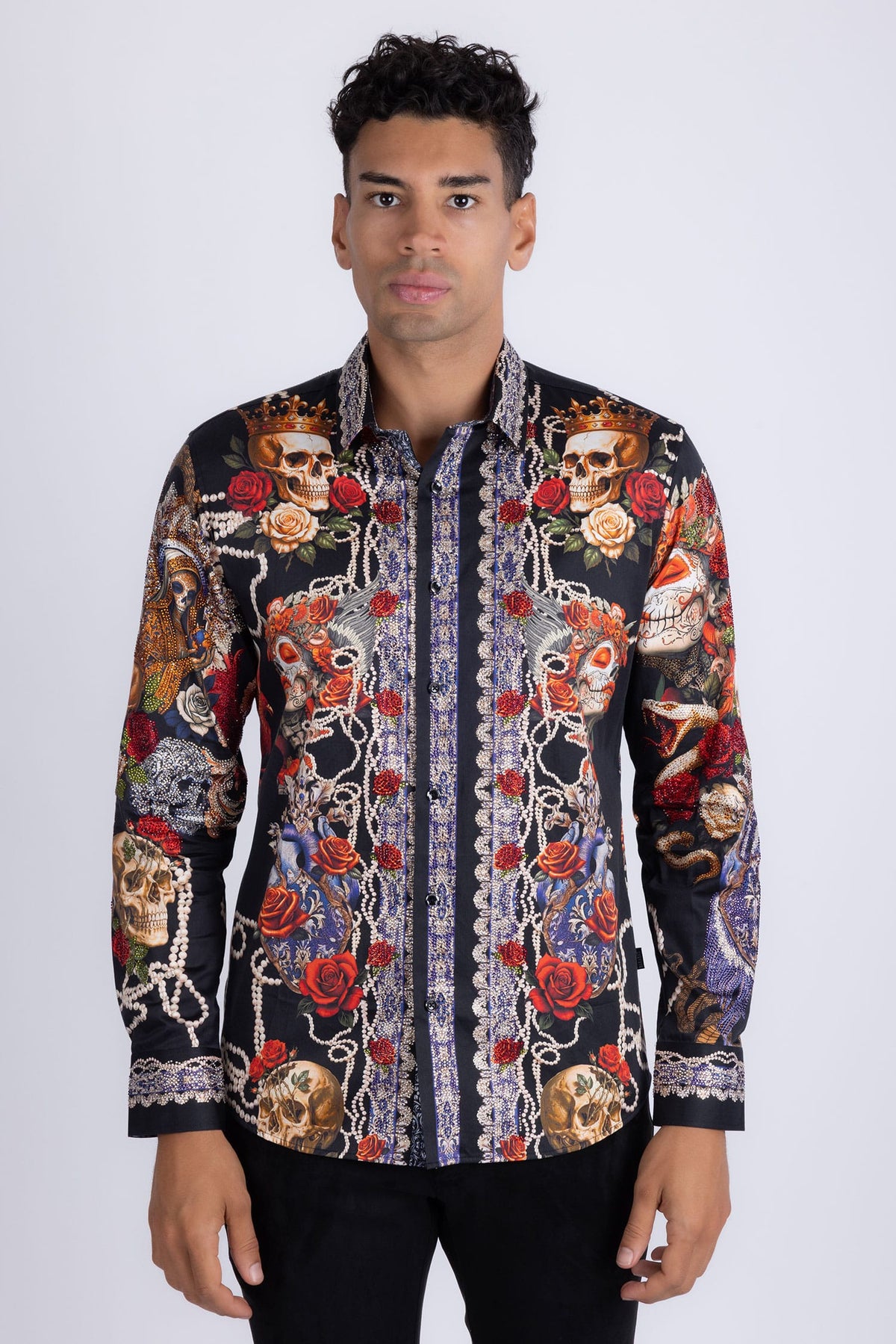 Barabas Men's Dark Venom Skull Rhinestone Long Sleeve Shirt 6SPR17 Black Beauty