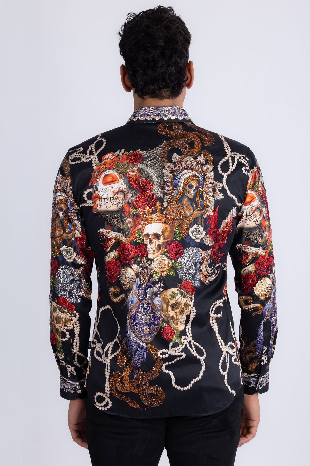 Barabas Men's Dark Venom Skull Rhinestone Long Sleeve Shirt 6SPR17 Black Beauty