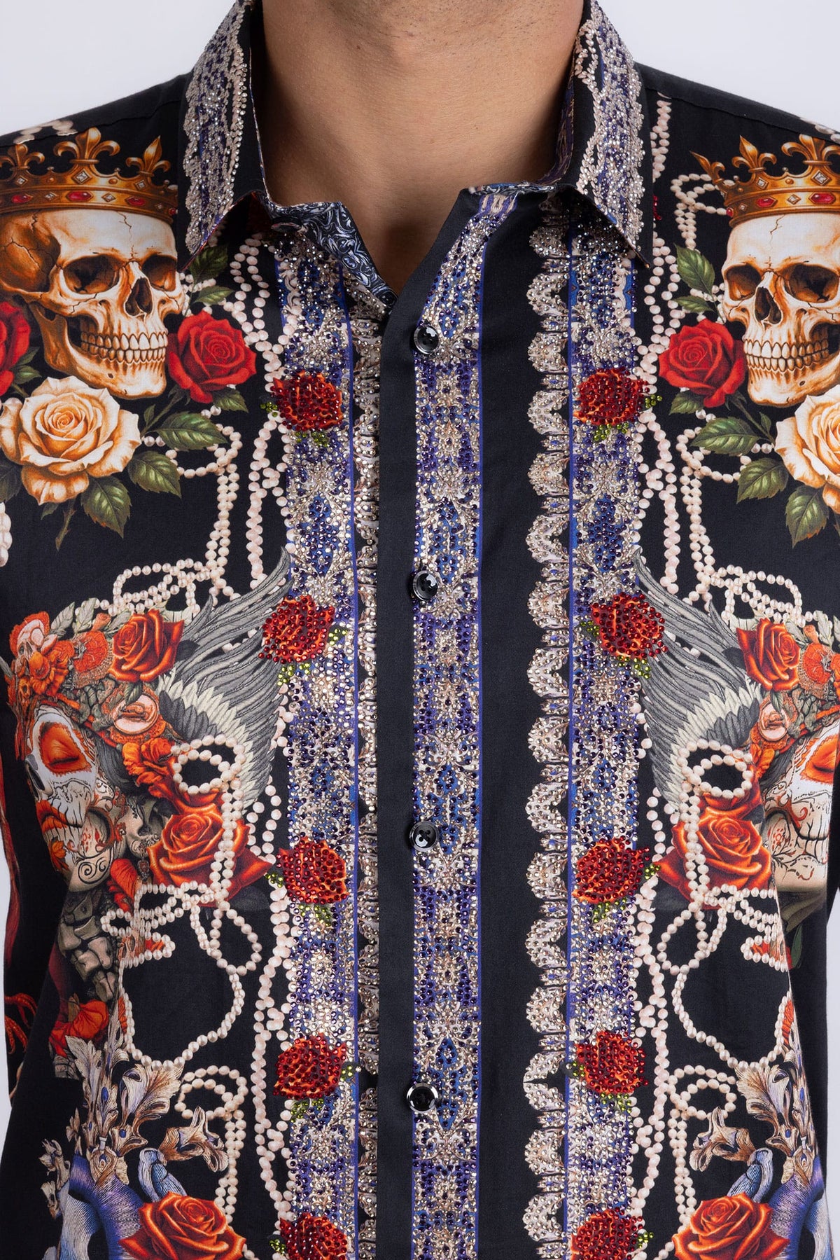 Barabas Men's Dark Venom Skull Rhinestone Long Sleeve Shirt 6SPR17 Black Beauty