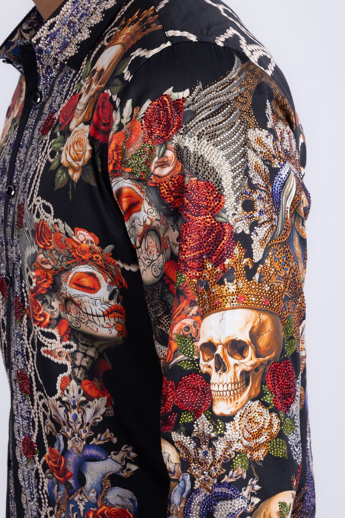 Barabas Men's Dark Venom Skull Rhinestone Long Sleeve Shirt 6SPR17 Black Beauty