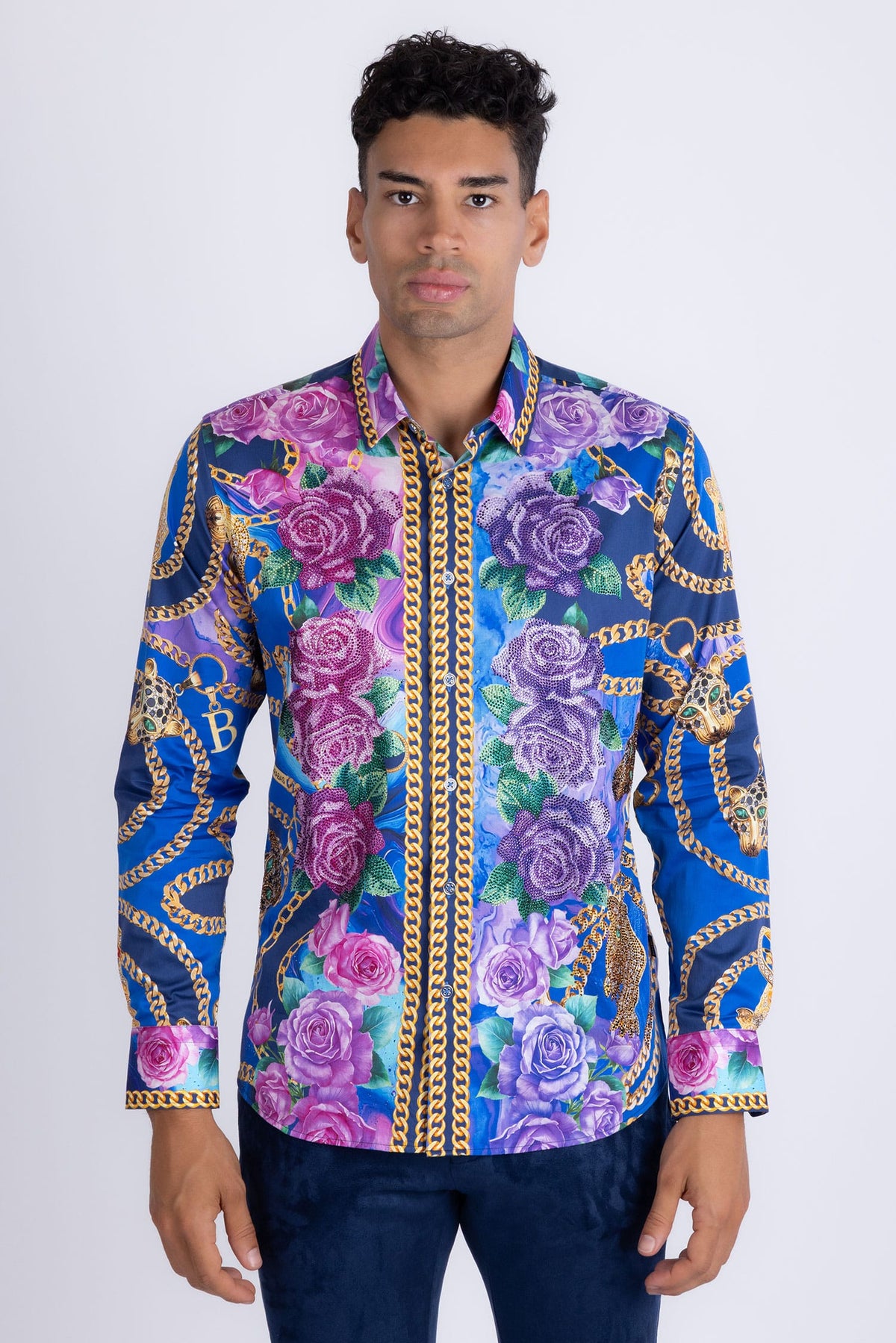 Barabas Men's Chain Predator Rhinestone Long Sleeve Shirt 6SPR18 #Color_Elemental Blue