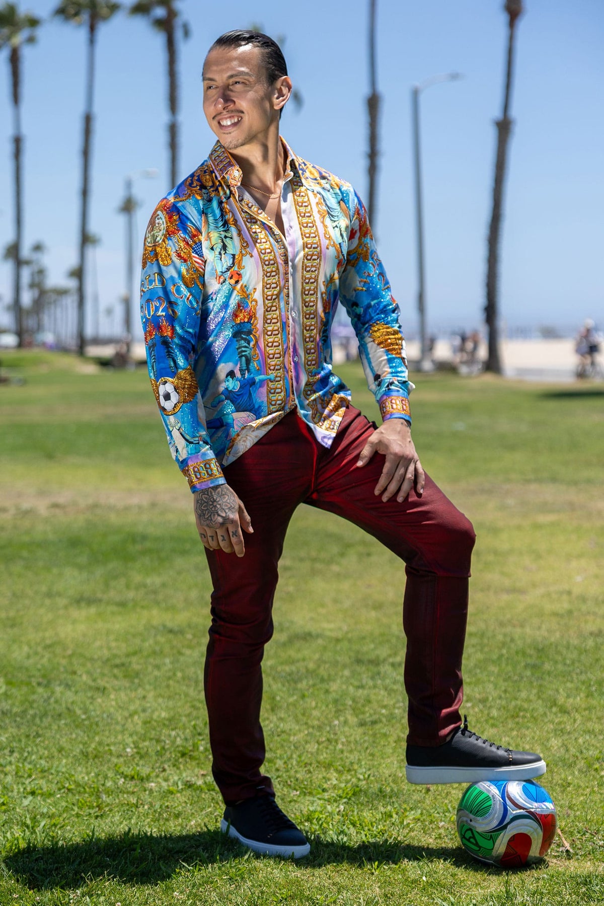Men's Rhinestone 2026 World Cup Floral Print Shirt | BARABAS 6SPR20